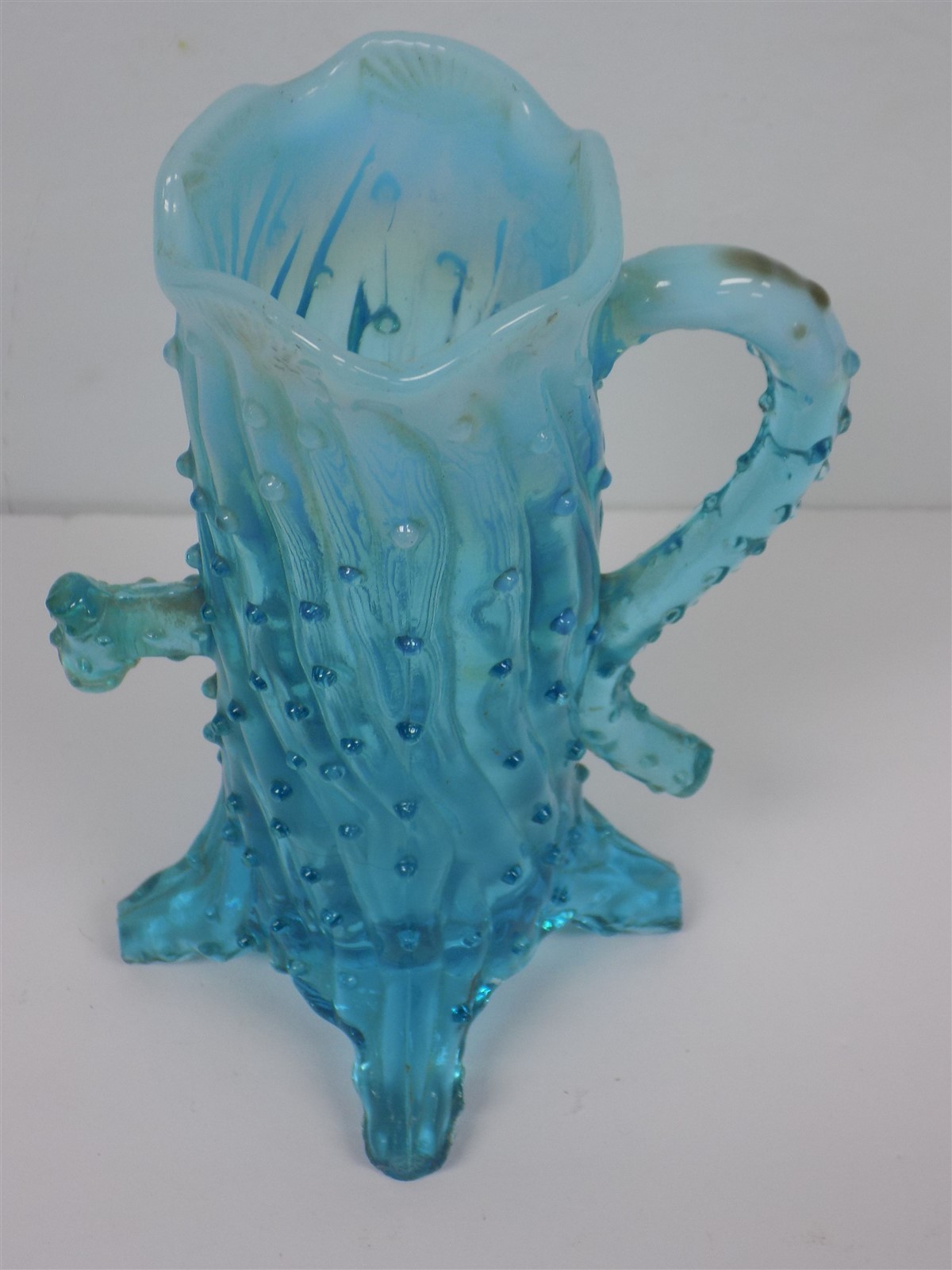 Vintage Northwood Pressed Opalescent Aqua Blue Glass Tree Stump Pump