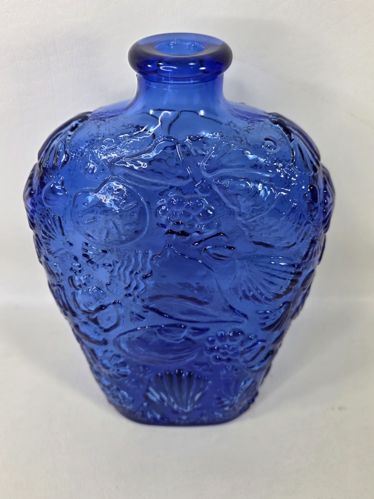 Libby Cobalt Blue Glass Bottle Decanter Sea Shell Pattern 8.5”