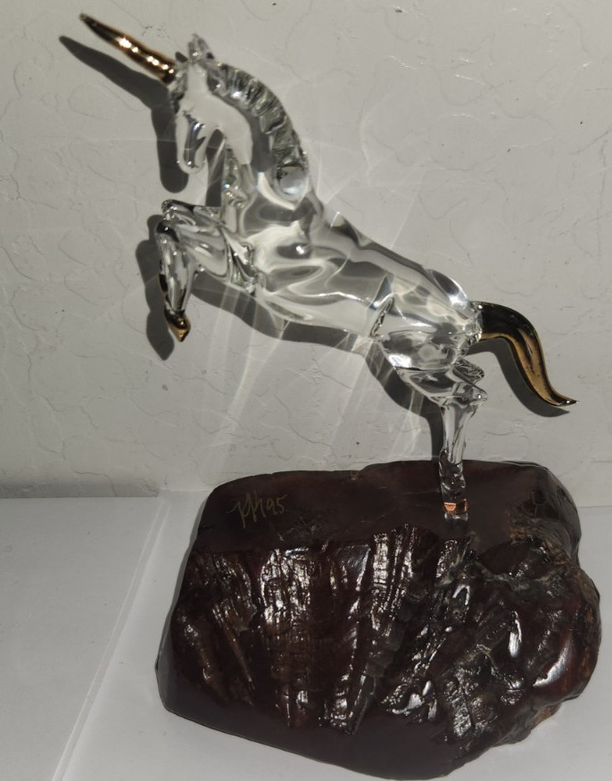 Glass Unicorn Figurine On Burl Wood with Gold Accents Signed 95