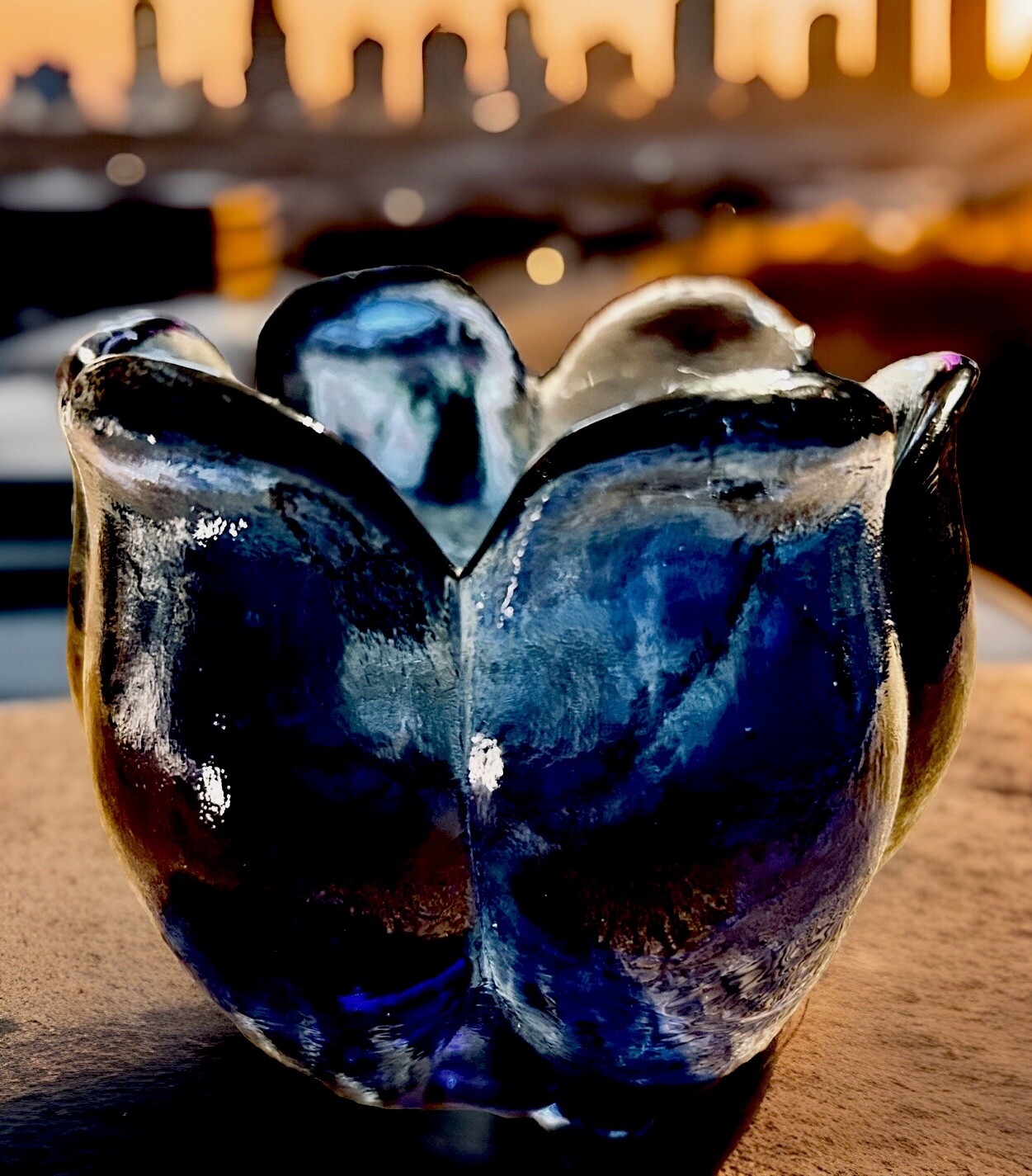 VINTAGE SPAIN DESIGN GUILD Cobalt Blue Heavy Glass Tulip Petal Vase Bowl