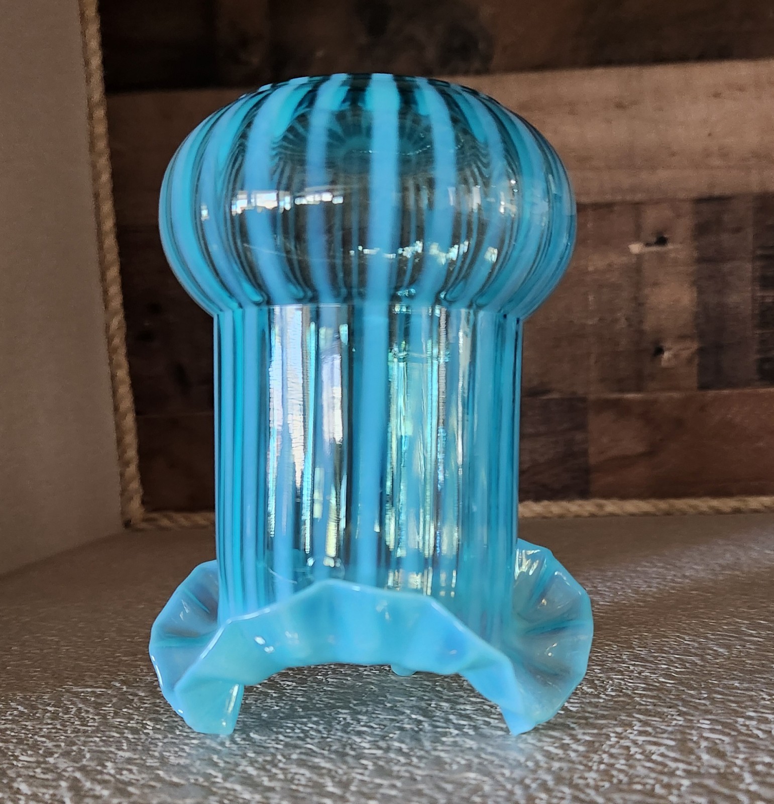 Antique NORTHWOOD Blue Opalescent Striped Ruffled Edge Celery Vase**Beautiful**