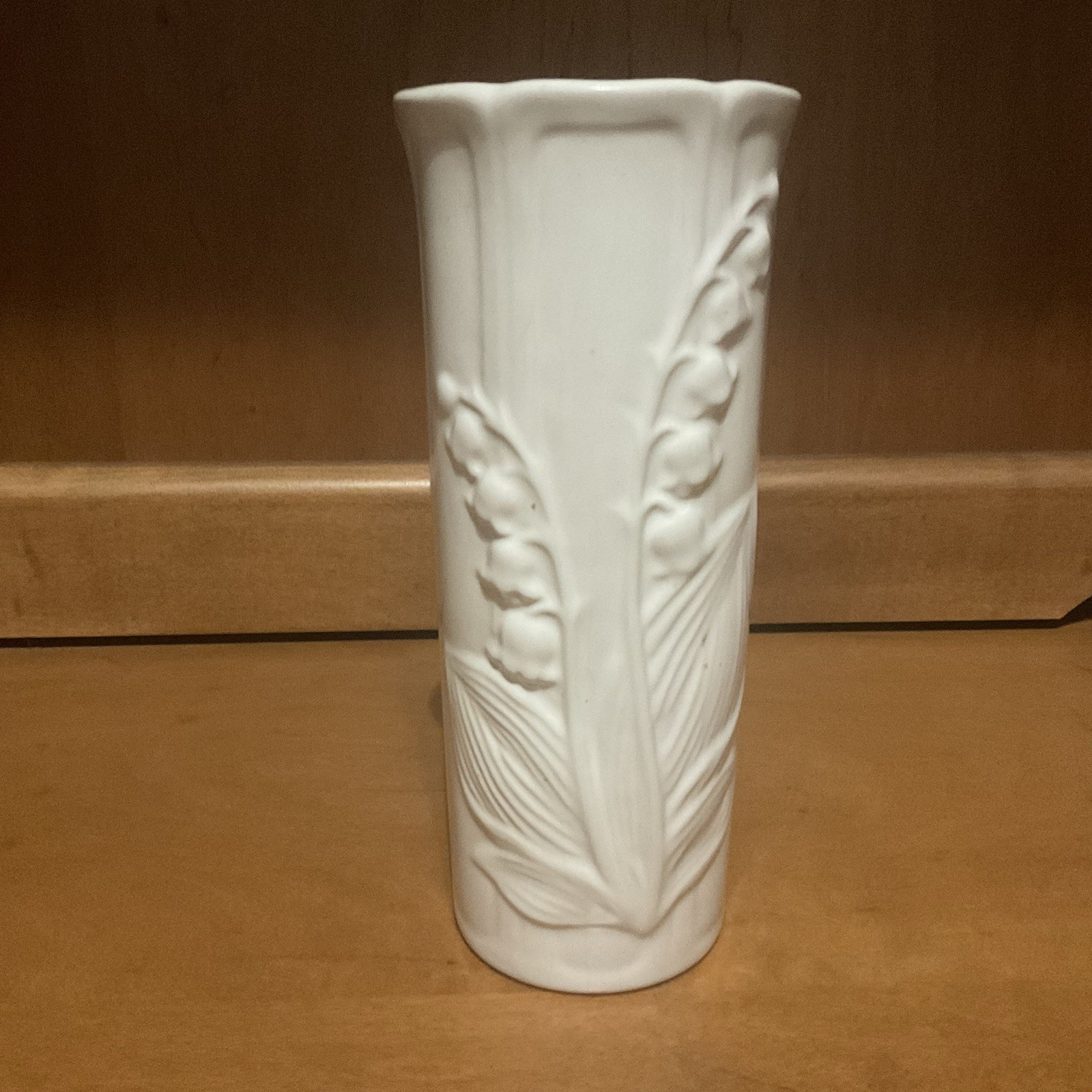 Alcobaca- 7-1/2″ Tall, White Vase With 3D Lily of the Valley Design- Portugal