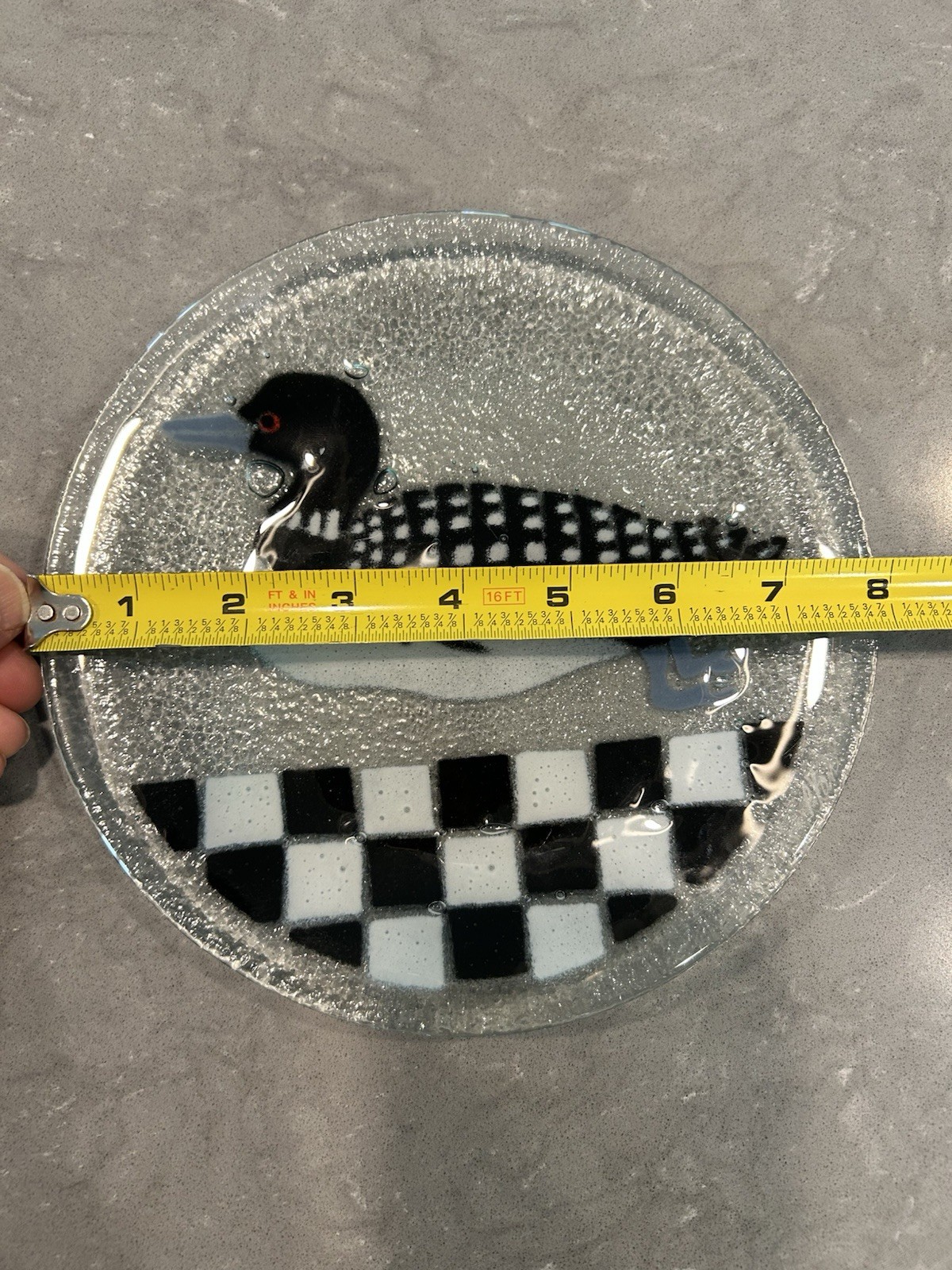 Vintage Loon Fused Glass Round Plate 7.75” Unsigned Bubbles Black White