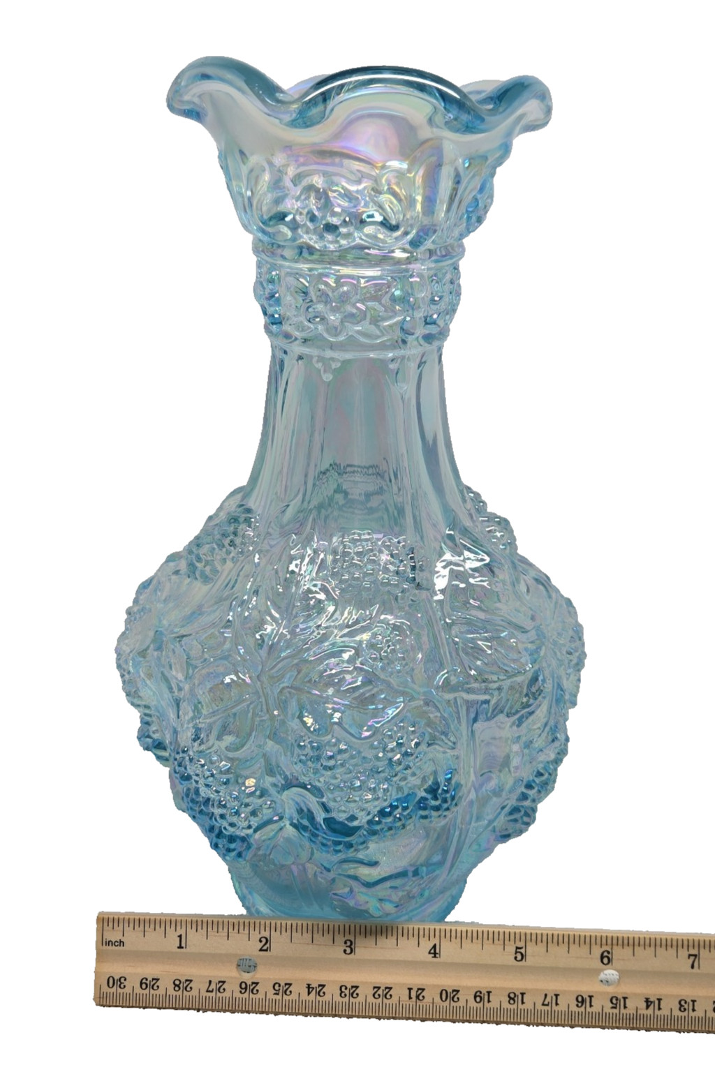 Imperial Glass Blue Vase Vintage Iridescent Carnival Glass w/Grapevines 10″ EUC