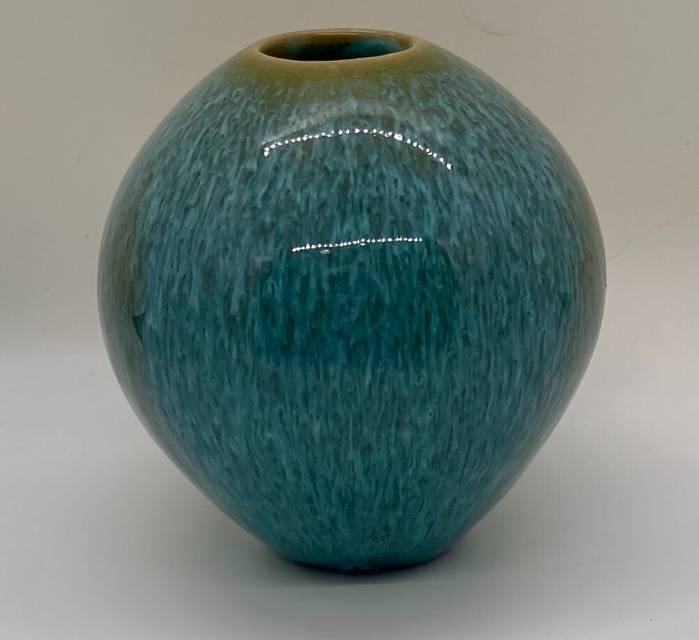 Pottery Bud Vase Turquoise Green Browns Round Oval 3″