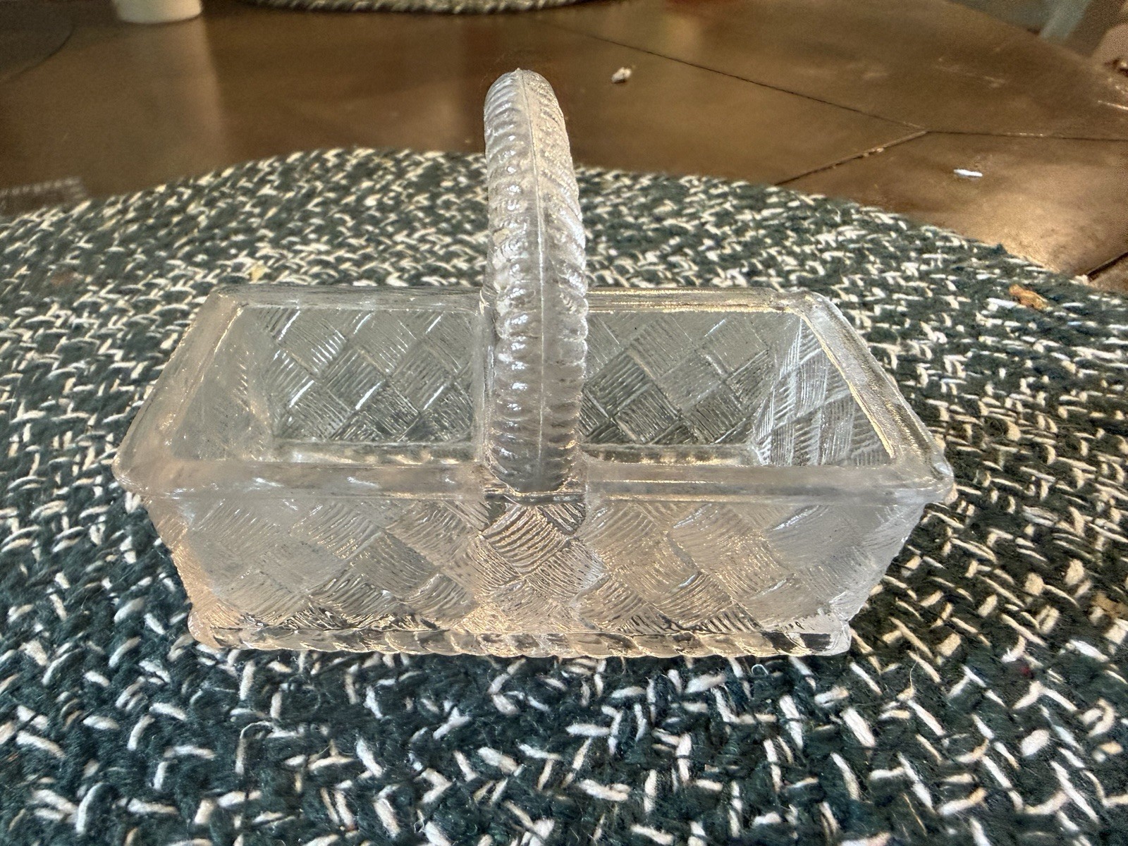 Vintage Clear Pressed Glass Basketweave Double Handled Condiment Basket Caddy