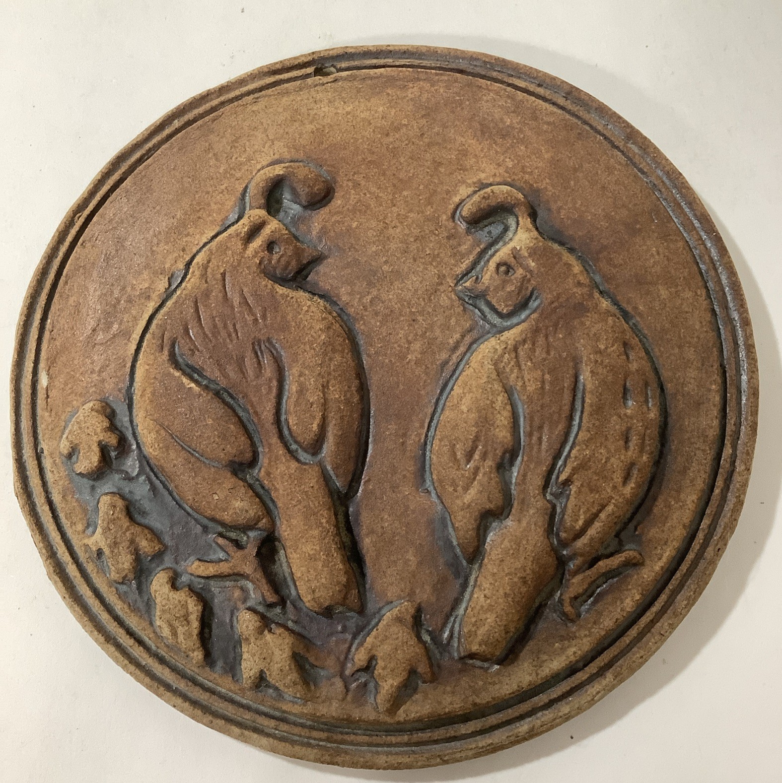 Round Wall Plaque Deanna Nichols Art Pottery Quail Bird Brown Artist Signed 5.5”