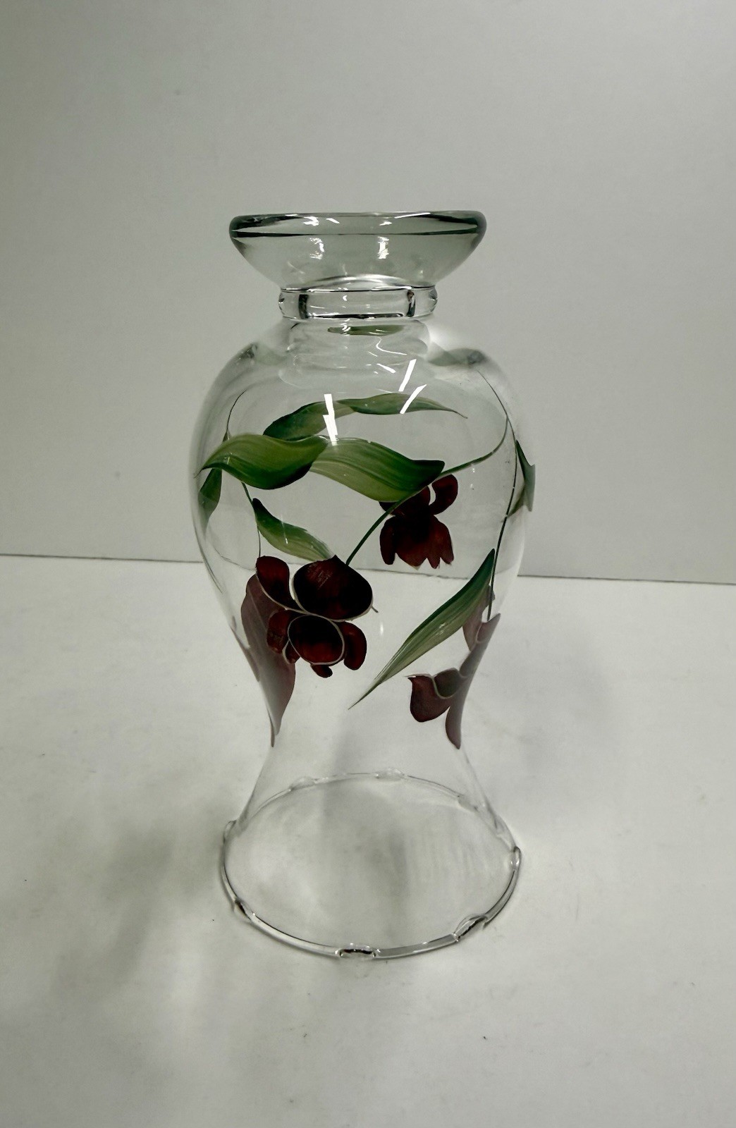 Gibson Art Glass LIANNA Hand Painted Purple Iris Flower Ruffled Edge Vase 8”