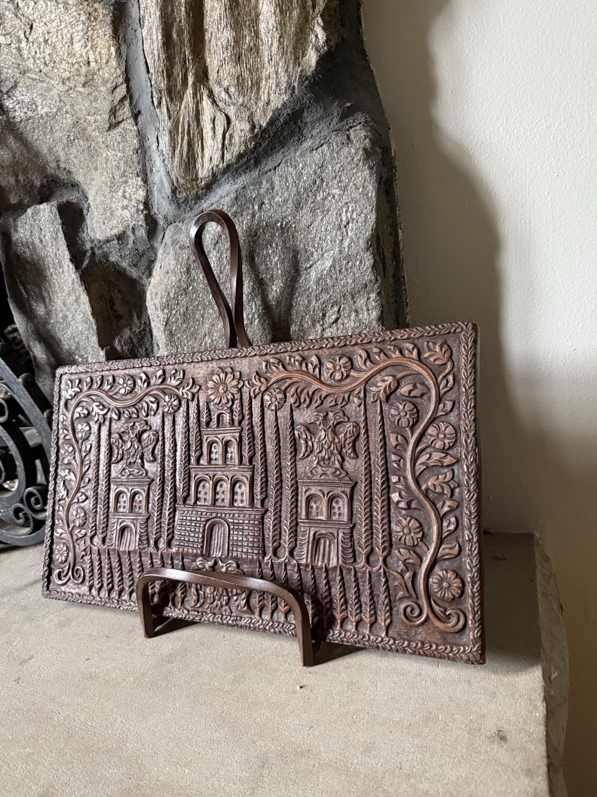 Vintage Rustic European Folk Art Terracotta Clay Pottery Relief Wall Plaque Tile