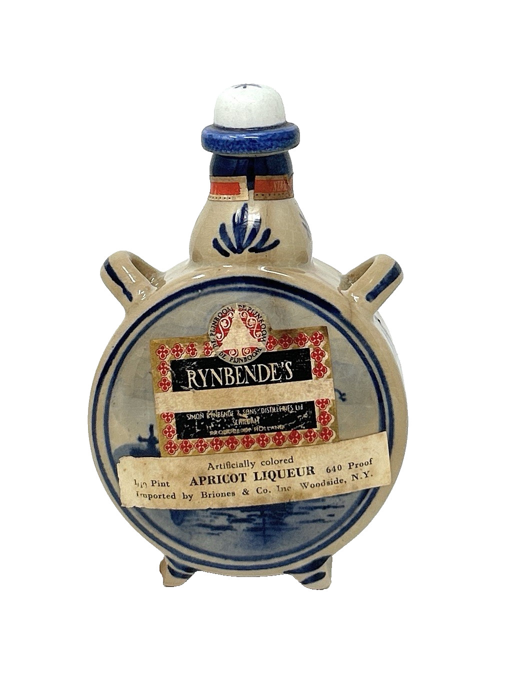 Vintage Rynbende Delft Blue Windmill Mini Flask Apricot Liqueur Holland Empty