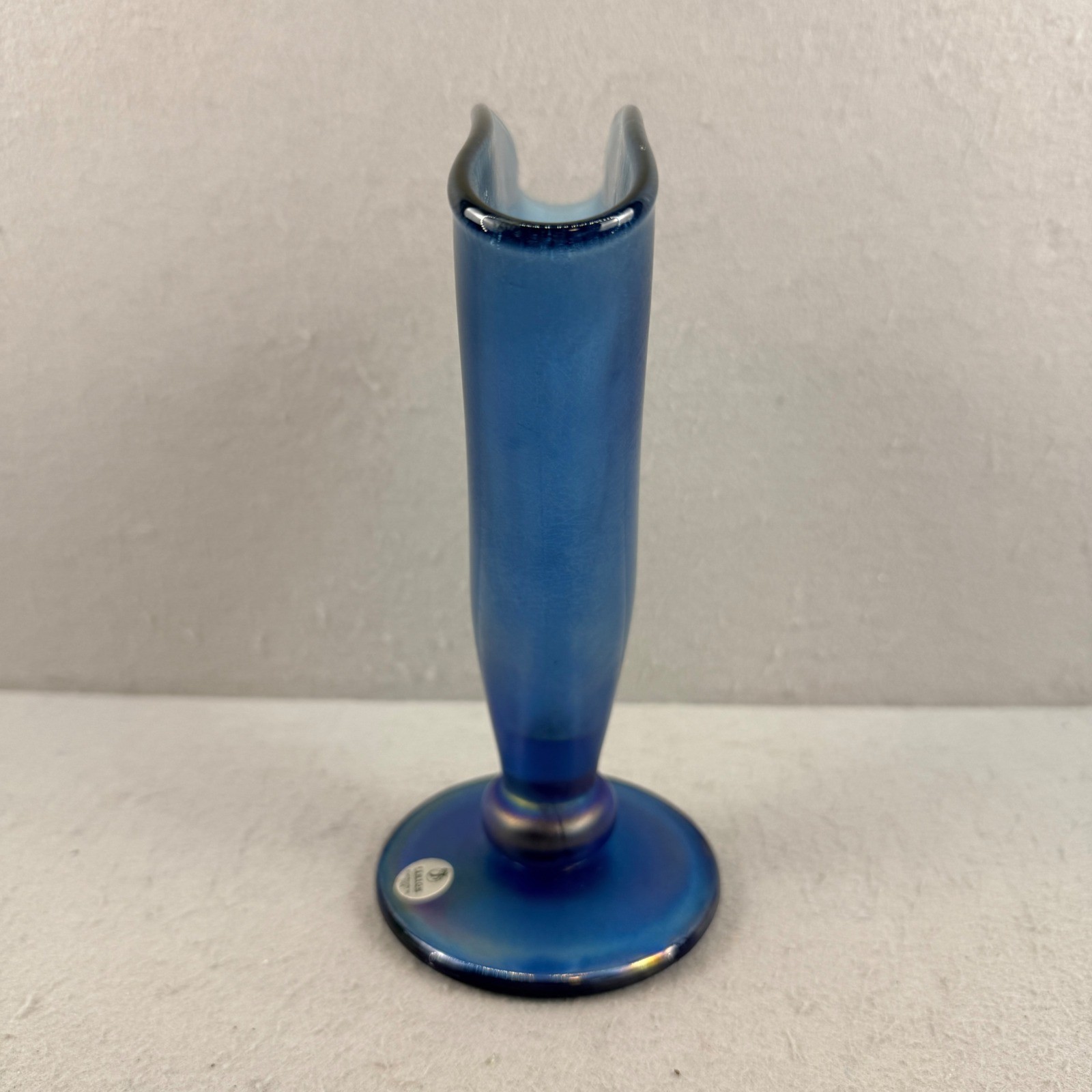 Fenton MMA Blue Satin Iridescent Stretch Glass Fan Vase Handmade in USA 8 Inch
