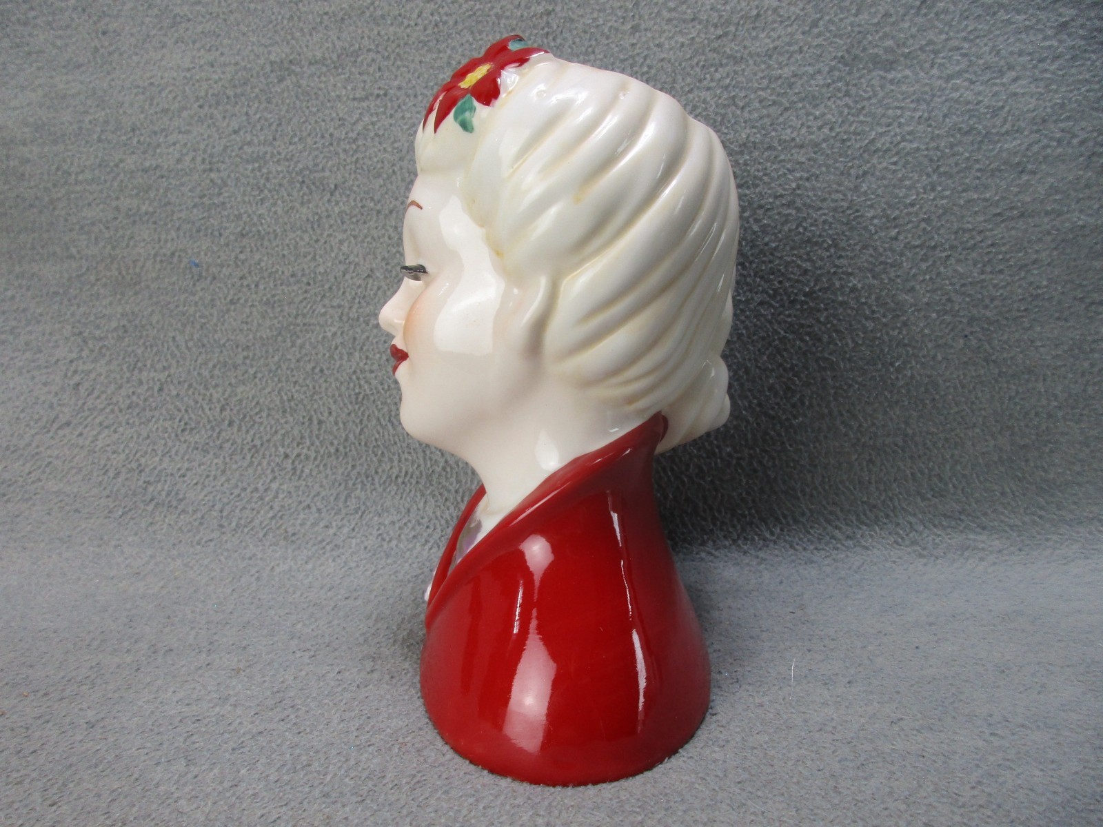 Vintage Lady Head Vase Red Gold Poinsettia 6.5 in Christmas Valentine Romance