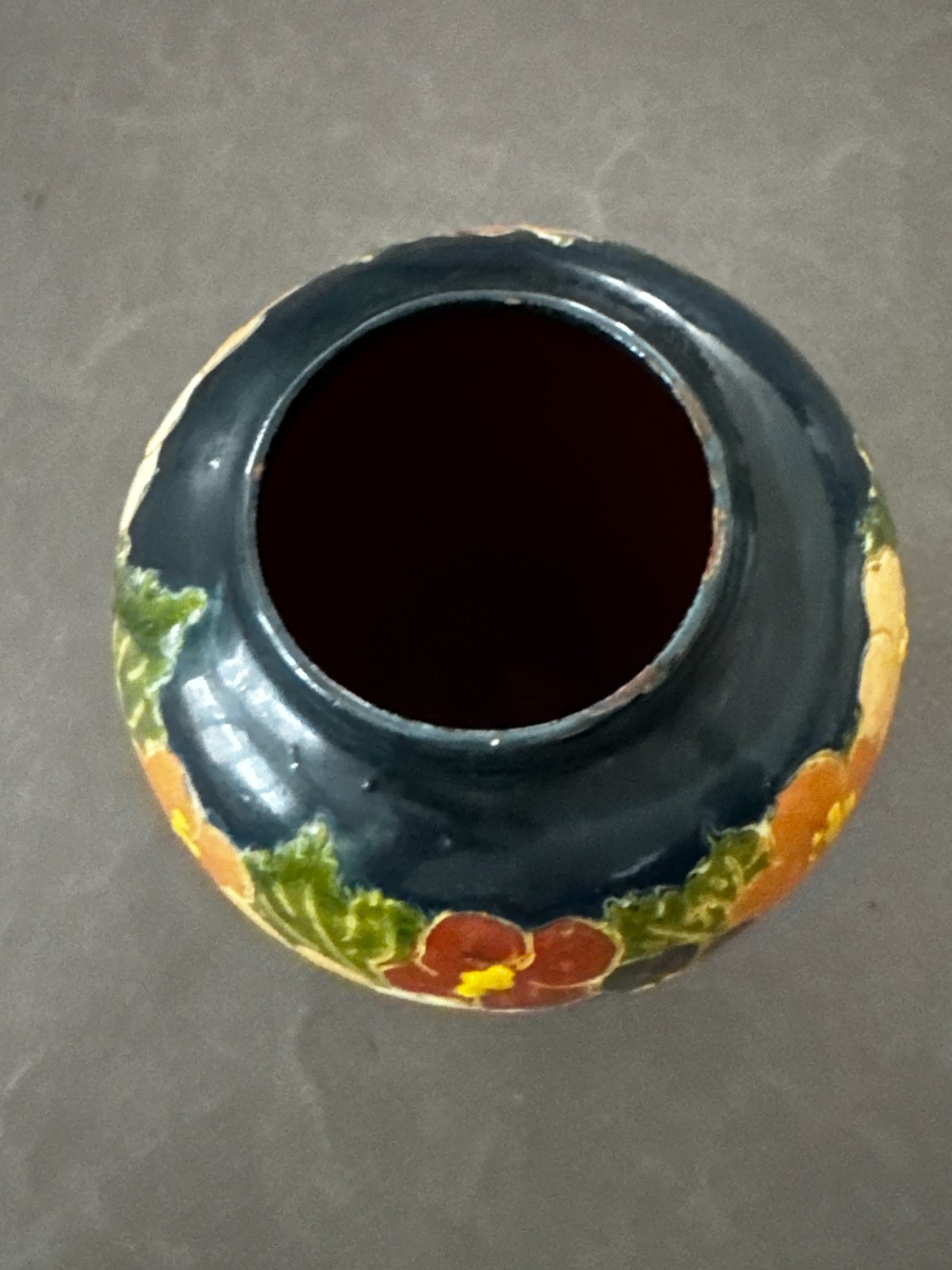 BLUE PINK PEACH WHITE FLOWER SLIP POTTERY URN VASE MARKED 445 S-P