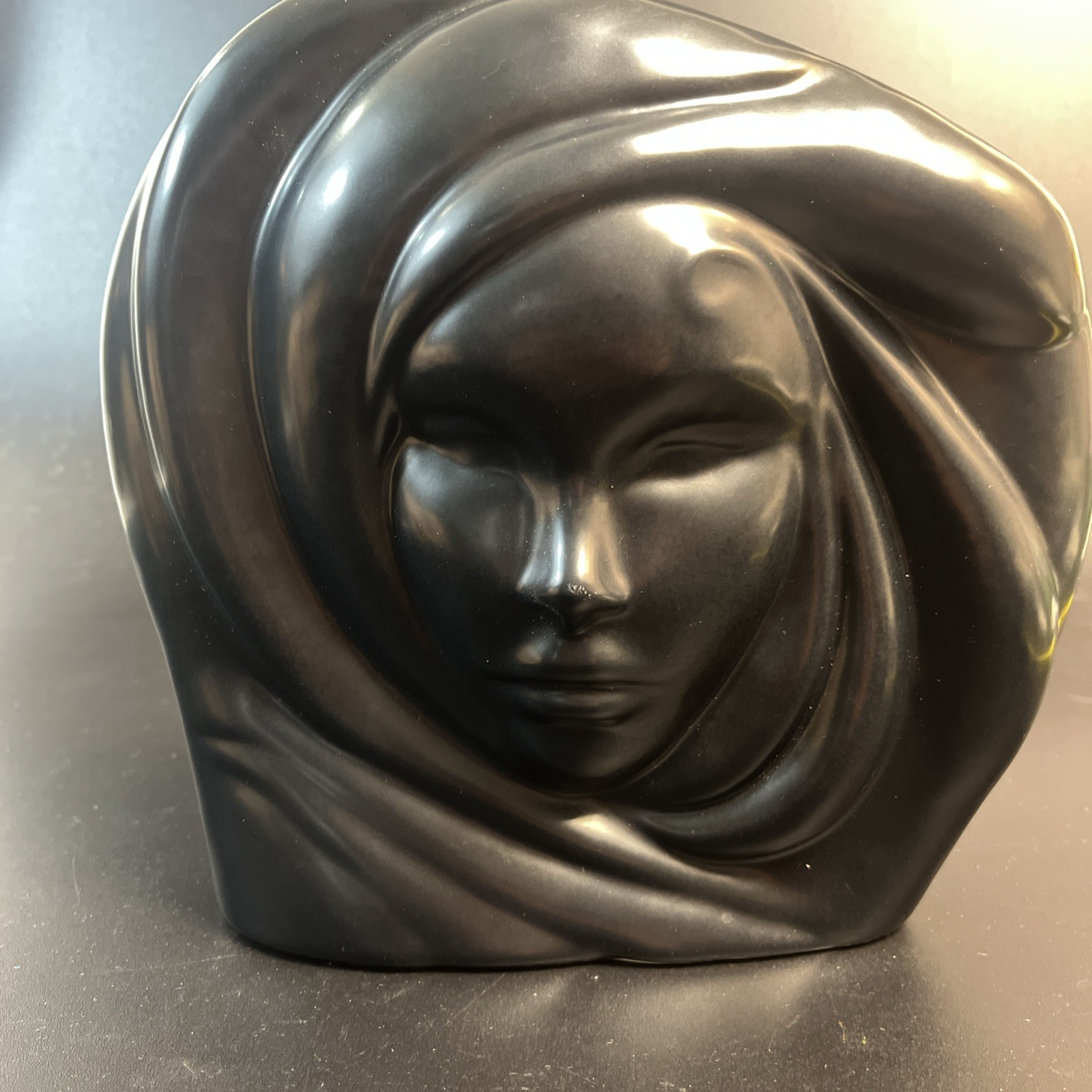 Vtg MCM Art Deco Black Ceramic Vase Woman Face Head Planter Modern Sleek Beauty