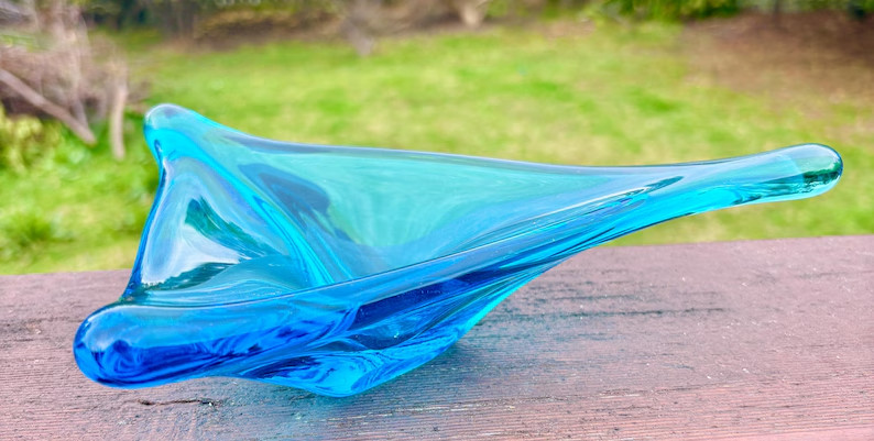 Vintage Murano Glass Bowl, Aqua Blue Hand Blown Art Glass, Mid Century Italian