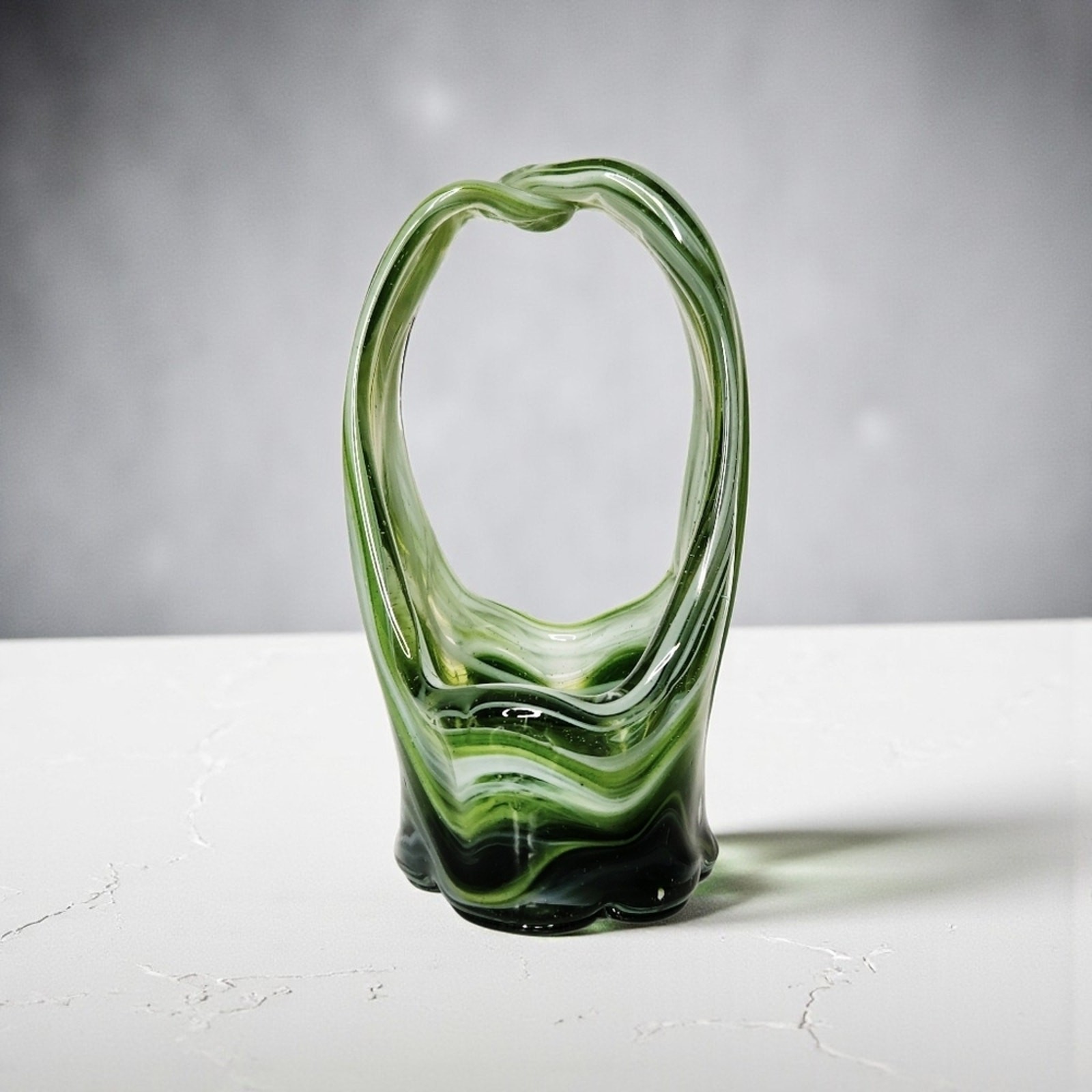 Vintage Hand Blown Stretch Art Glass Basket Vase Green White Swirls 5 1/2 Inches