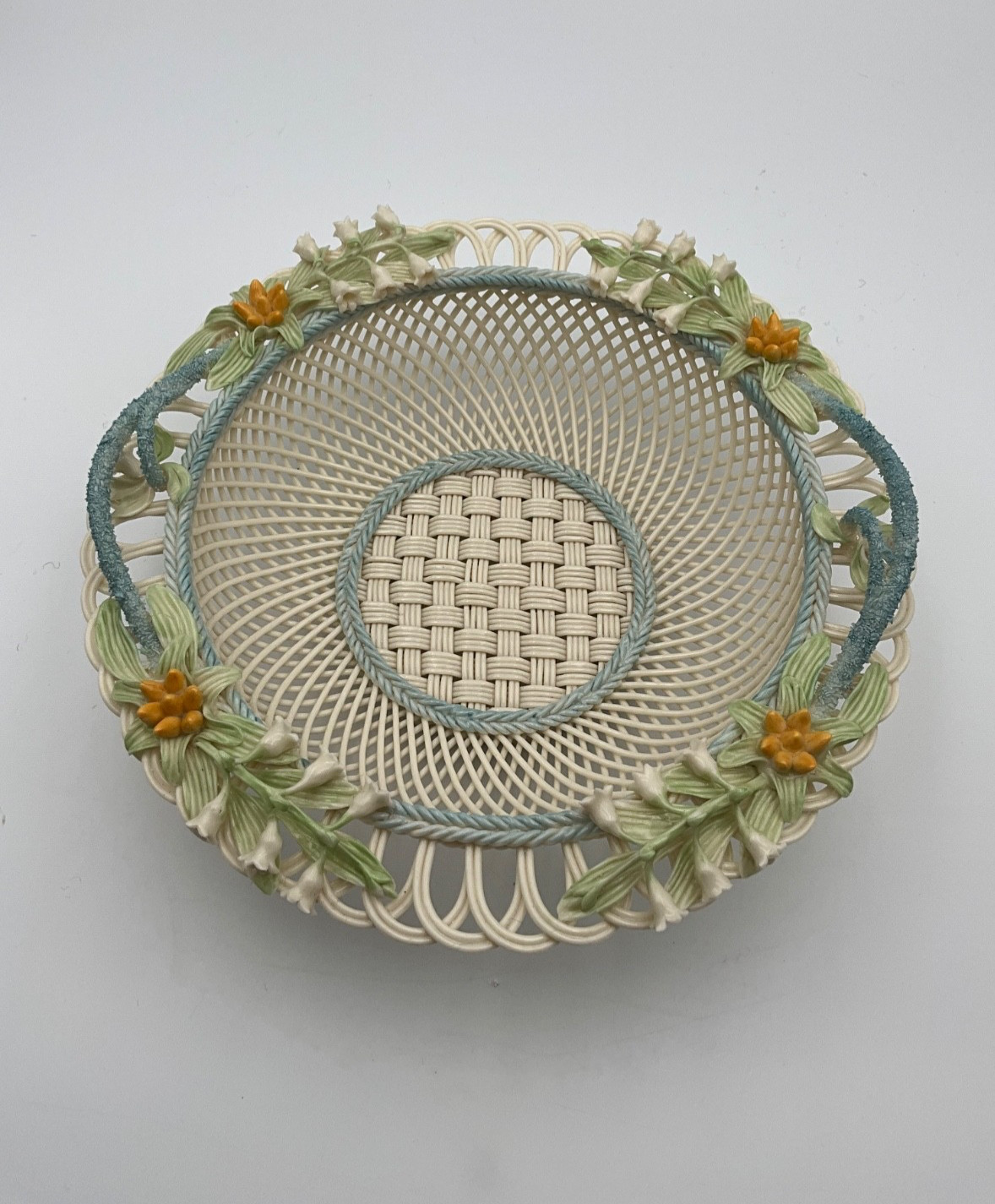 Belleek Lily of the Valley 9″ Basketweave Dish Bowl Ireland Porcelain