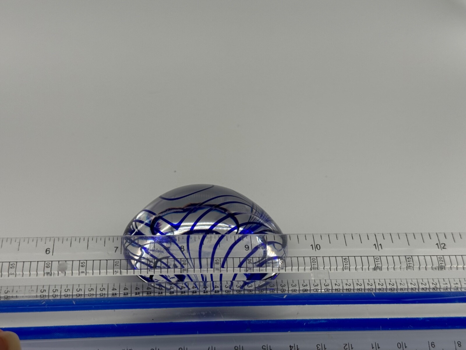 Clear and Cobalt Blue Swirl Art Glass round Shaped Hand blown Paperweight 2.5”