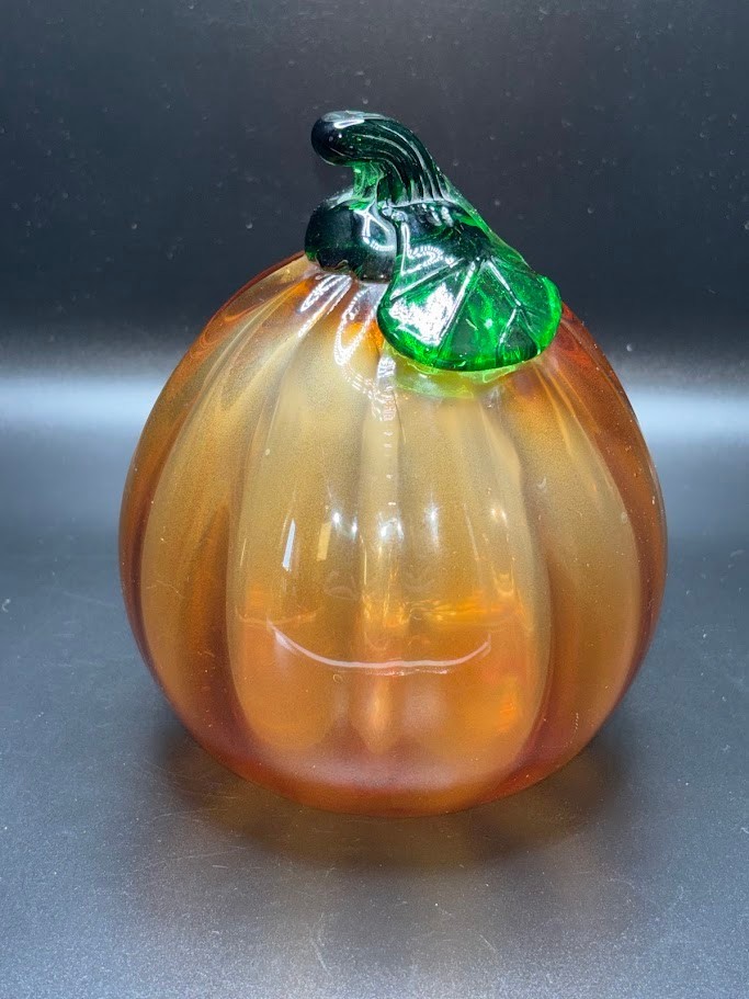 Hand Blown Art Glass Decorative Ribbed Pumpkin Orange and Green Stem/Leaf 7″