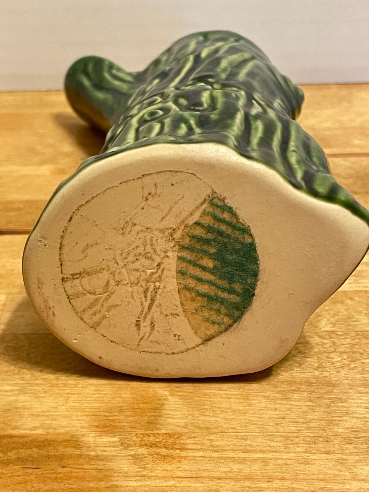 Vintage MCM Retro Textured Green & Black Tree Trunk Ceramic 7″ Vase