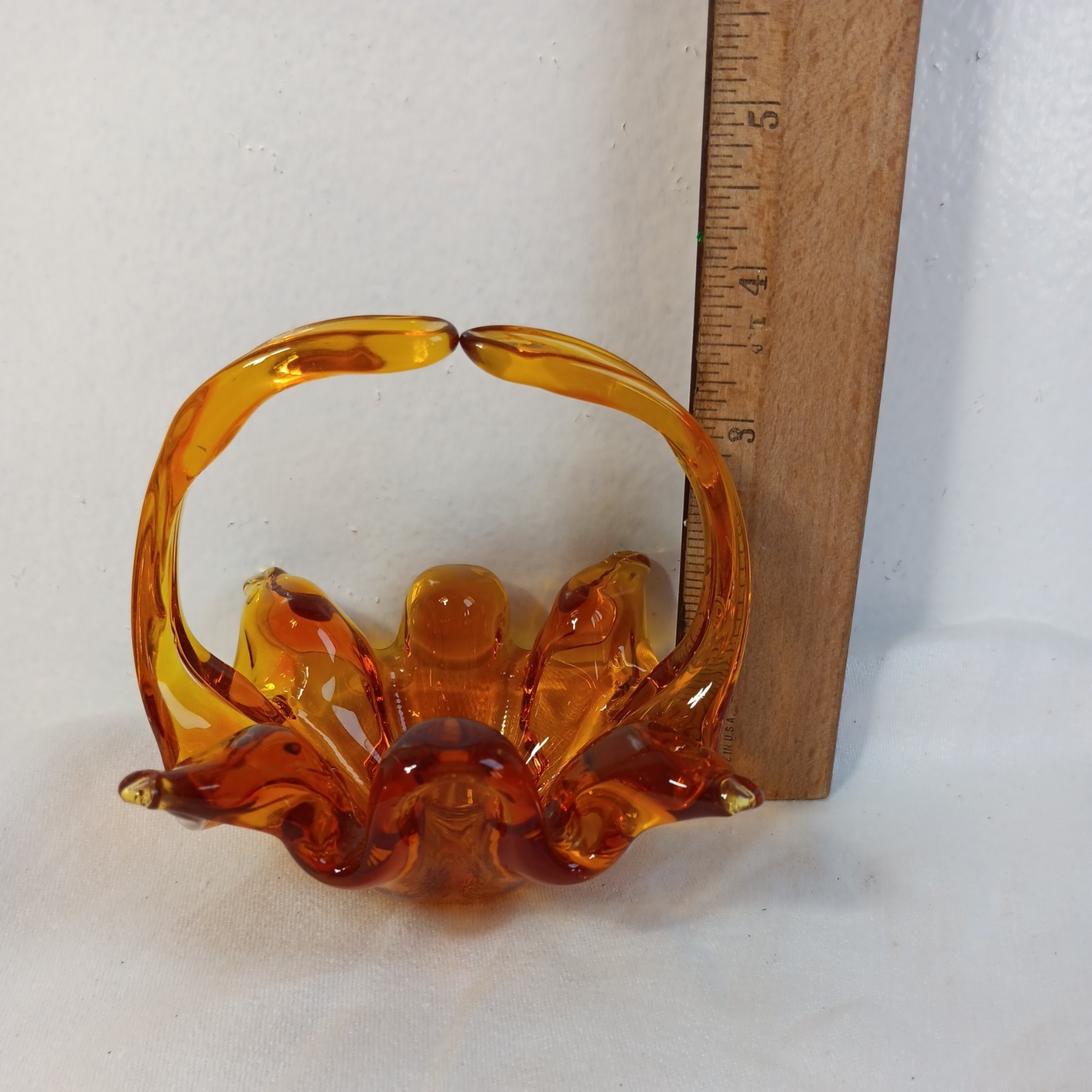 Beautiful Amber Chalet Art Glass Trinket Basket 3.5″H Cadmium Glow