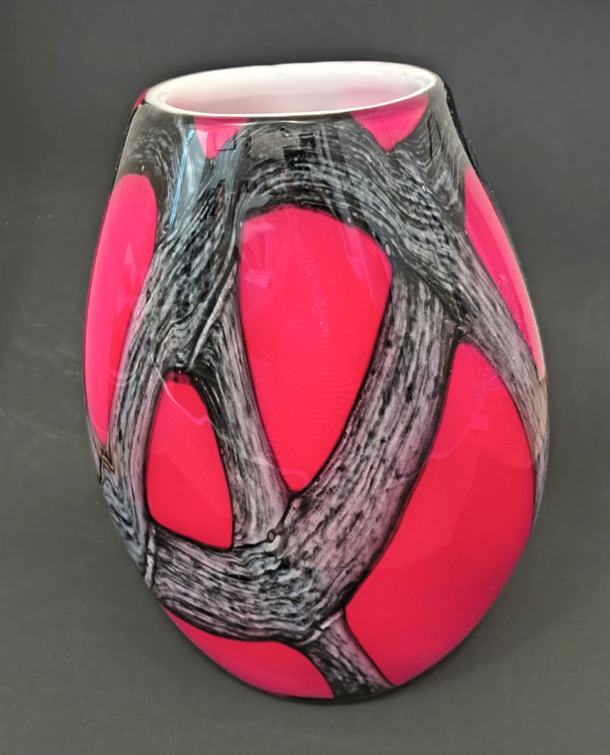 Vase 12″ Black-Gray-Red Striped Blown Glass Excellent Condition
