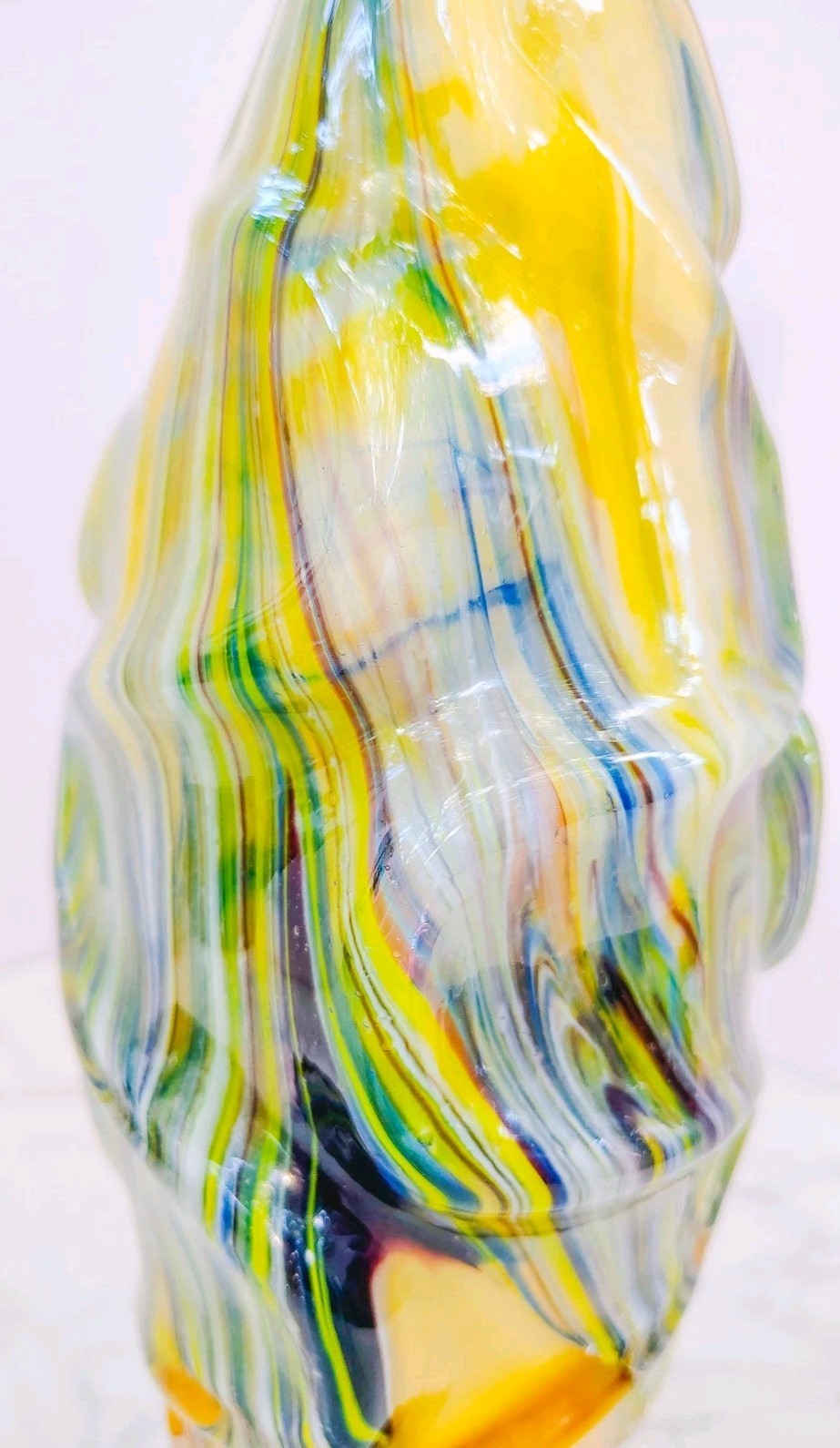 Murano Style Hand Blown Art Glass Vase Sculptural Yellow Free Form 15.5”