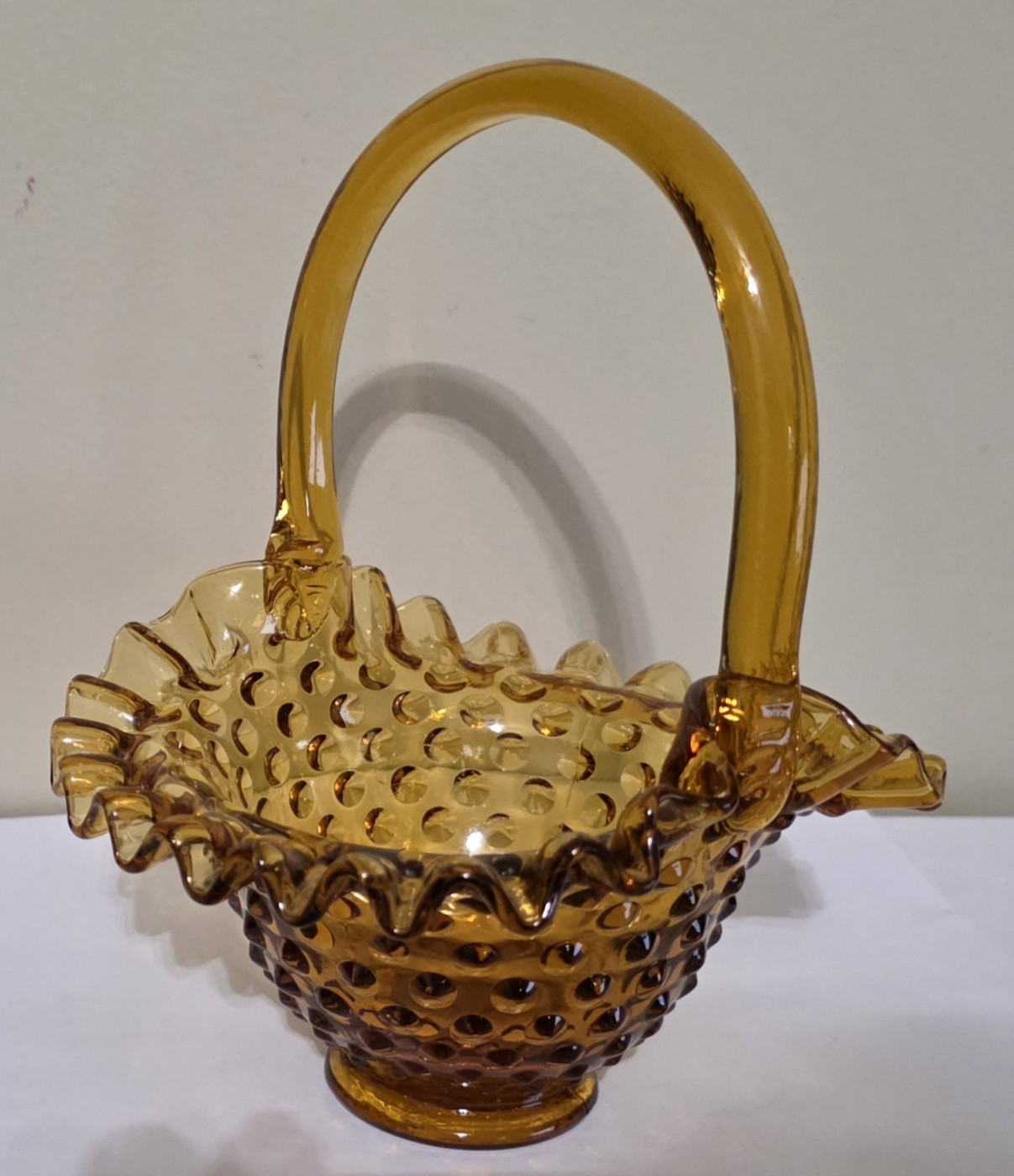 Vintage Fenton Basket Hobnail Ruffle Handle 8″ Tall Amber Art Glass Candy Dish