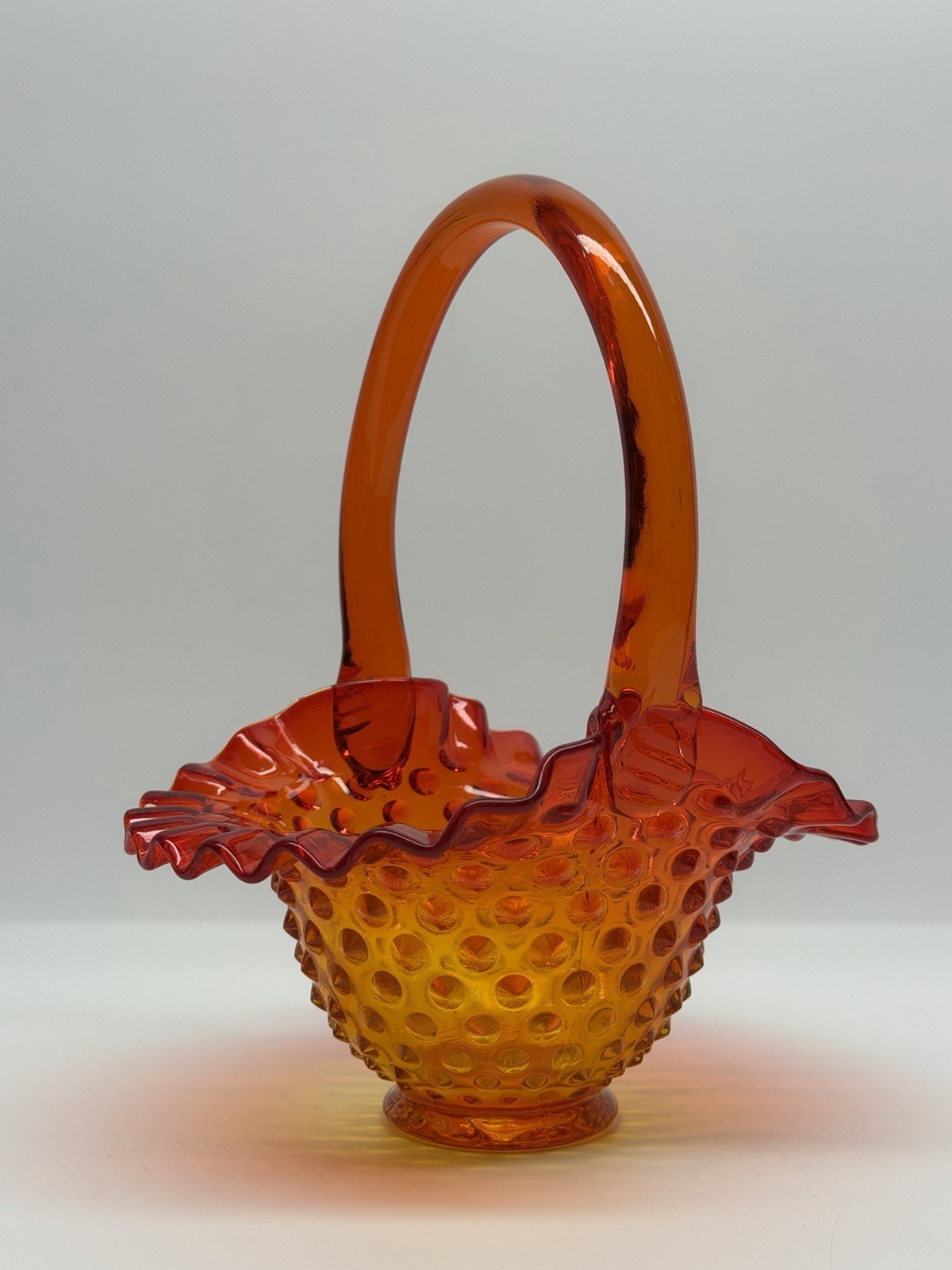 vintage Reddish Orange Amberina HOBNAIL Pattern GLASS BASKET ruffled wavy Fenton