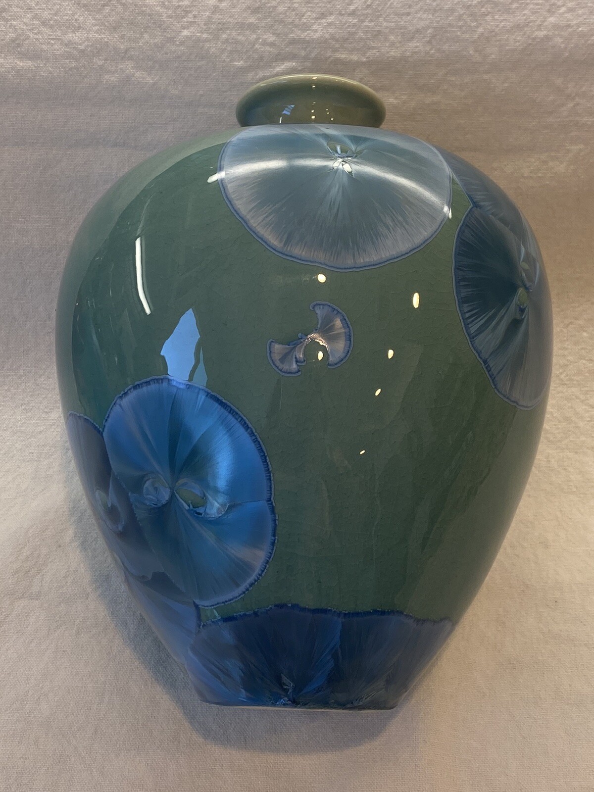 Signed Louise Reding High Fired Crystalline Glaze 7.5” Tall Vase Green Blue Mint