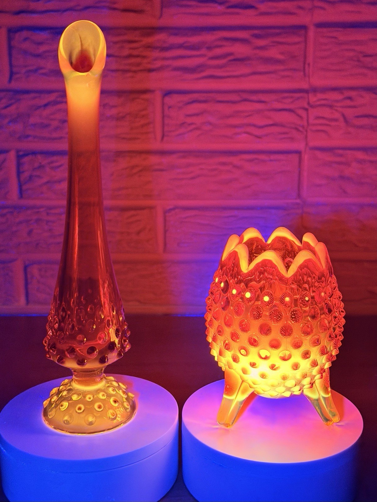 Vtg Fenton Amberina Hobnail Swung Vase & 3 Footed Rose Bowl Cadmium Glow Mint