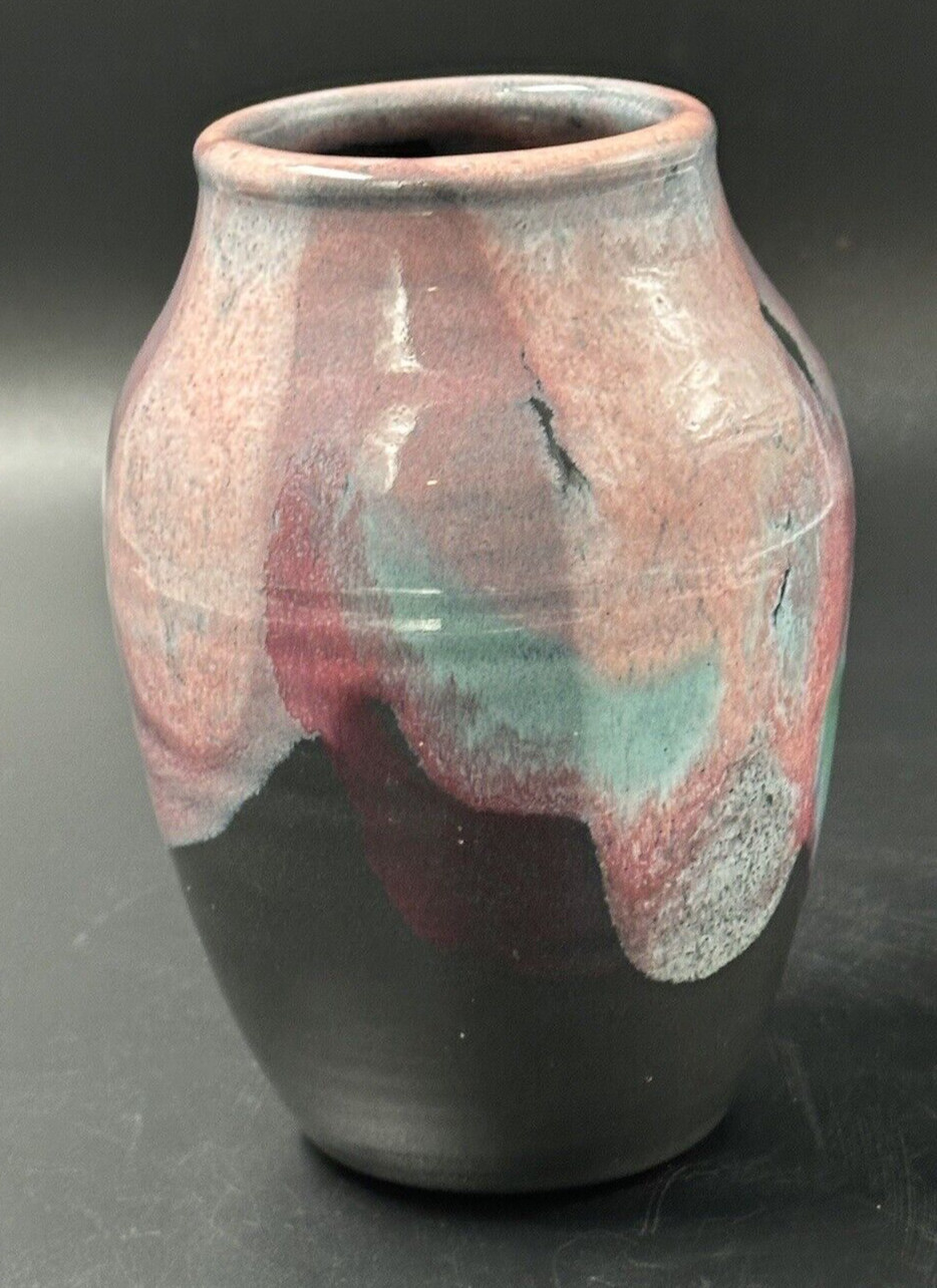 Krueger Pottery Abstract Purple Pink Blue Gloss Finished Vase Signed 6.75 inches