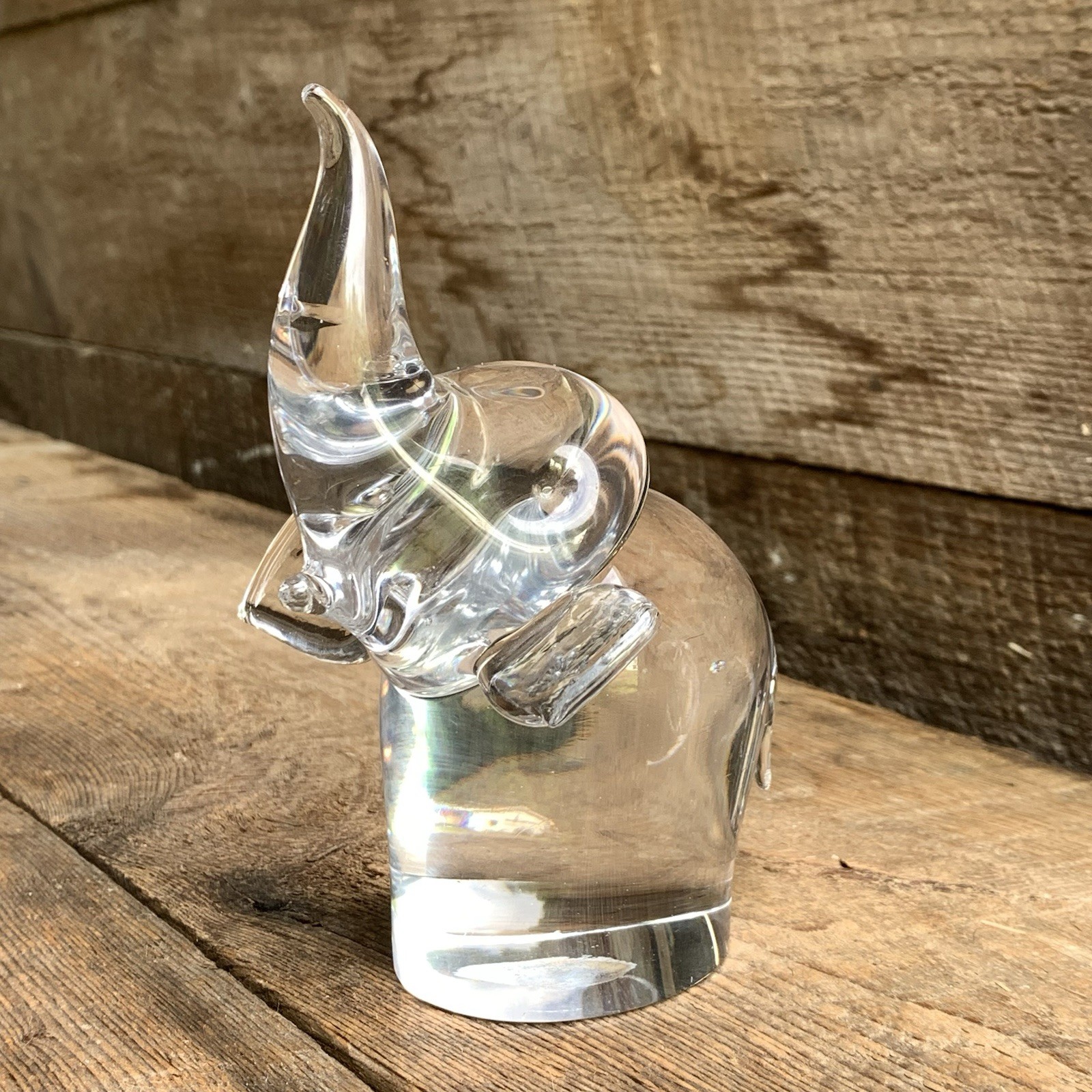 Elephant Figurine Clear Glass Paperweight 6” Signed Collectible Grannycore