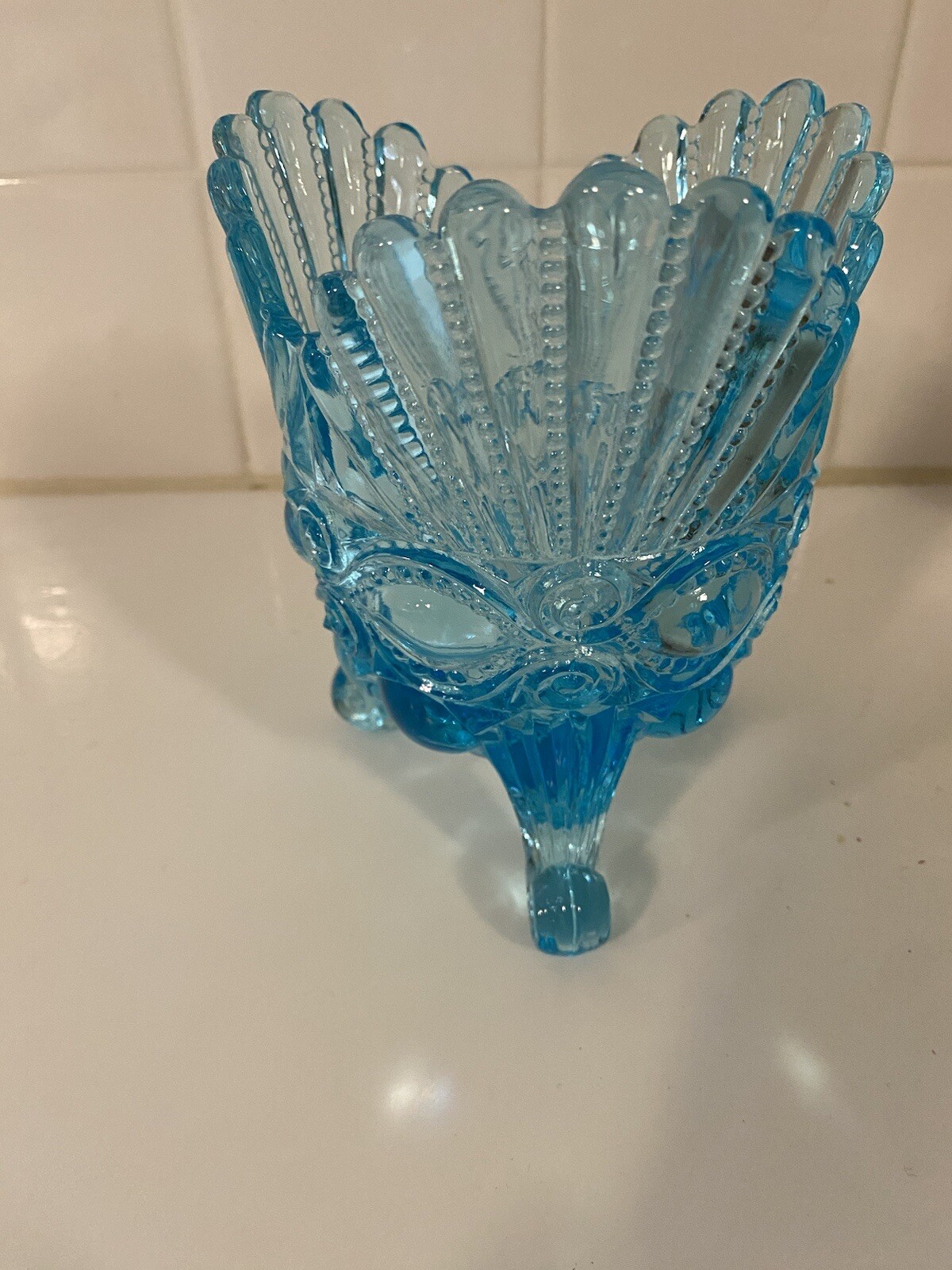 Mosser Aqua Blue Glass 3 Footed Eyewinker Eye Winker Pattern Spooner Vase