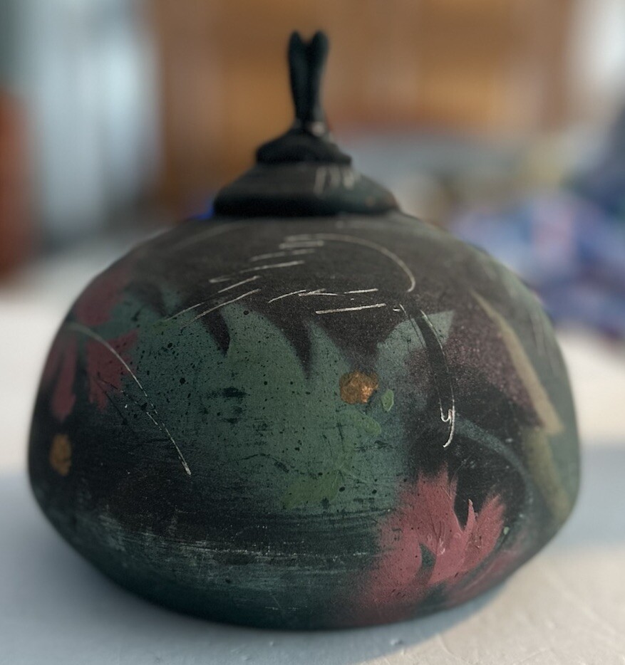 Raku Pottery Laura Ross Black Multi Color Abstract Pottery Vessel w Lid Signed