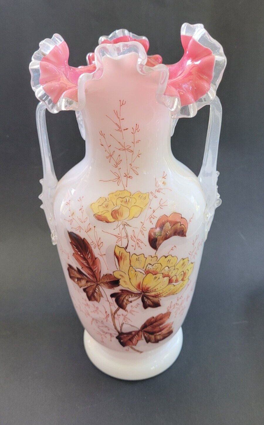 Antique BOHEMIAN HARRACH ART GLASS VASE Clear Frill Pink White Hand Painted