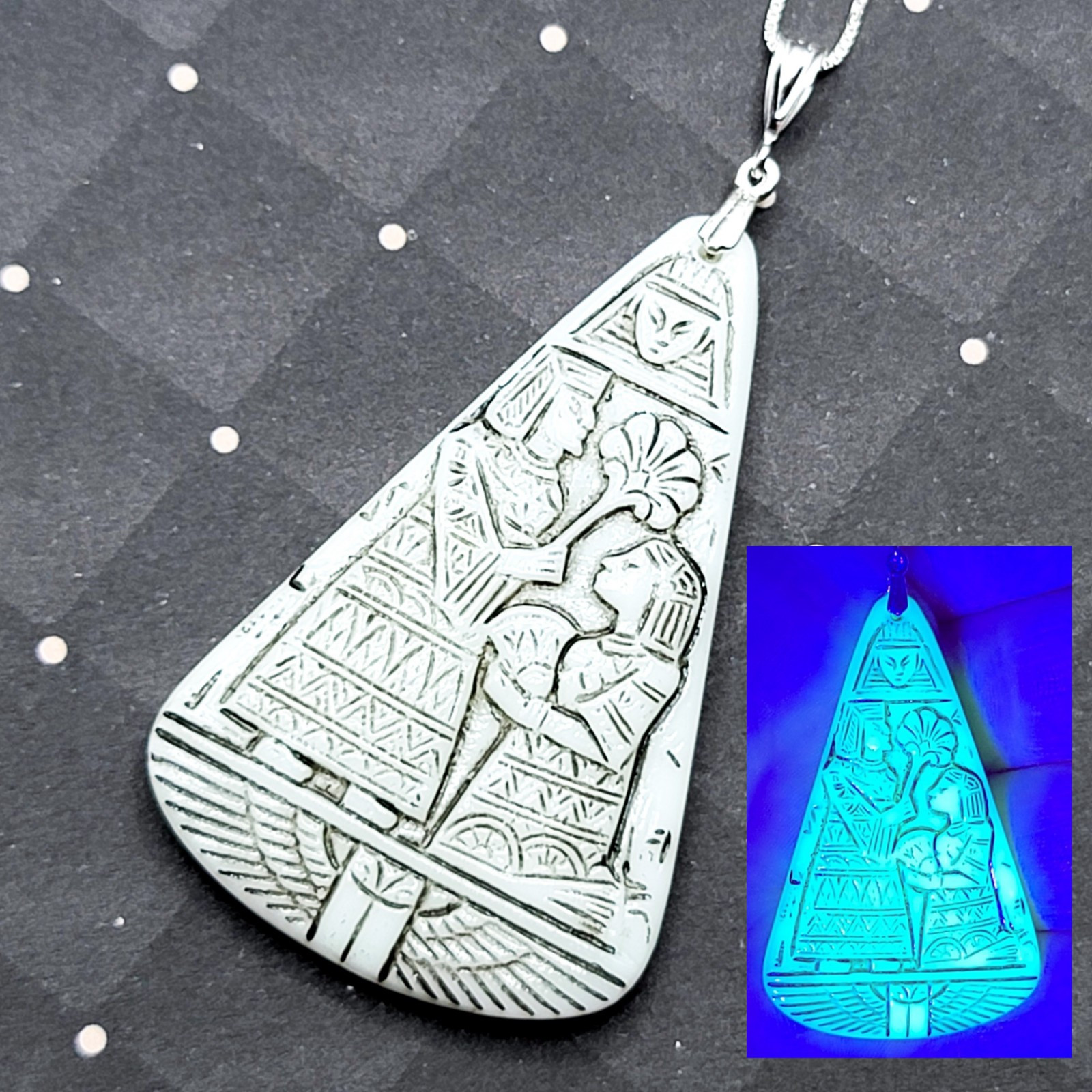 Sterling Neiger Uranium Egyptian Revival Glass Necklace Czech Reproduction 925