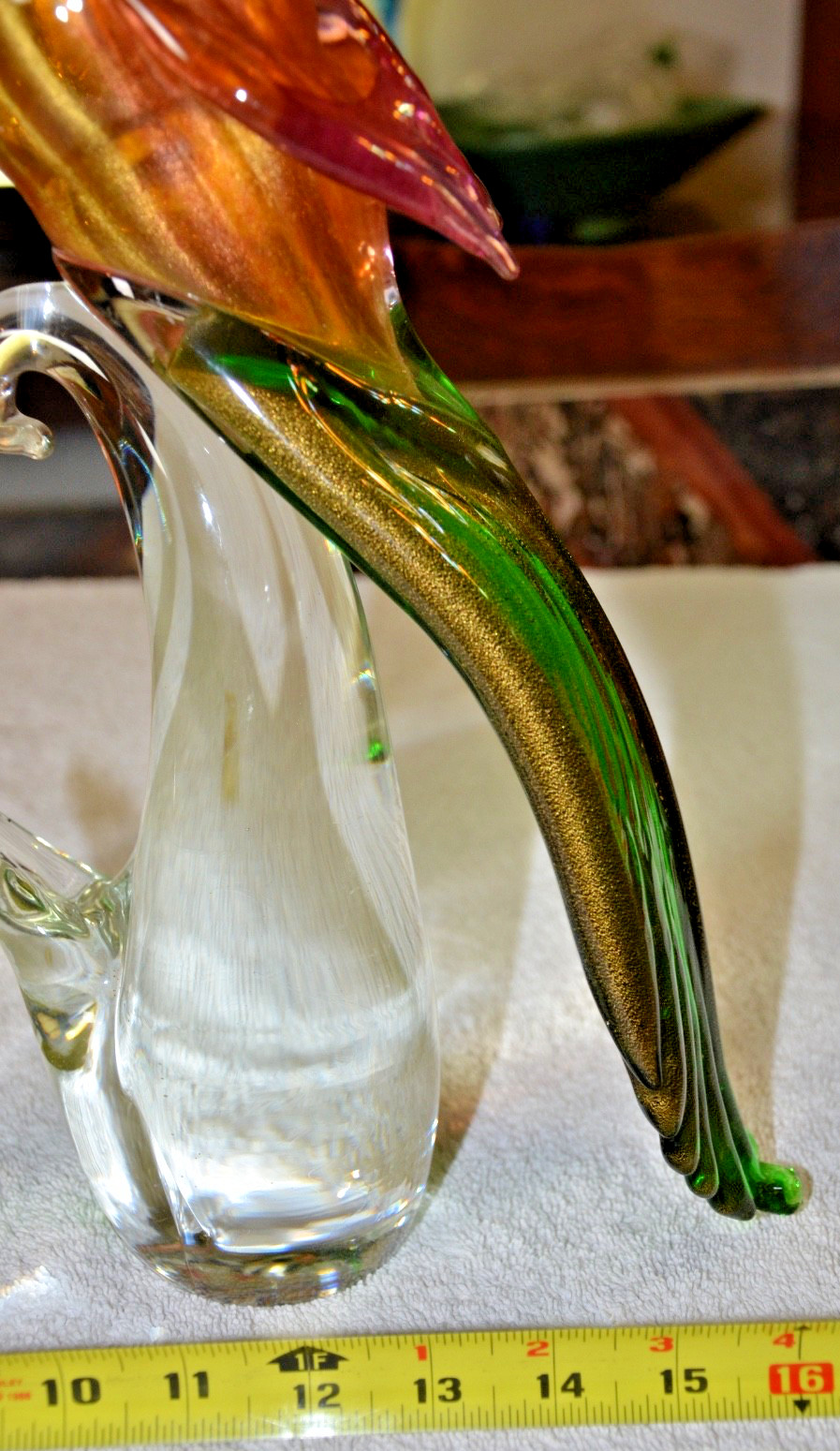 c1950s Pair 17” MURANO Birds Of Paradise/Peacocks Green Red & Aventurine Gold