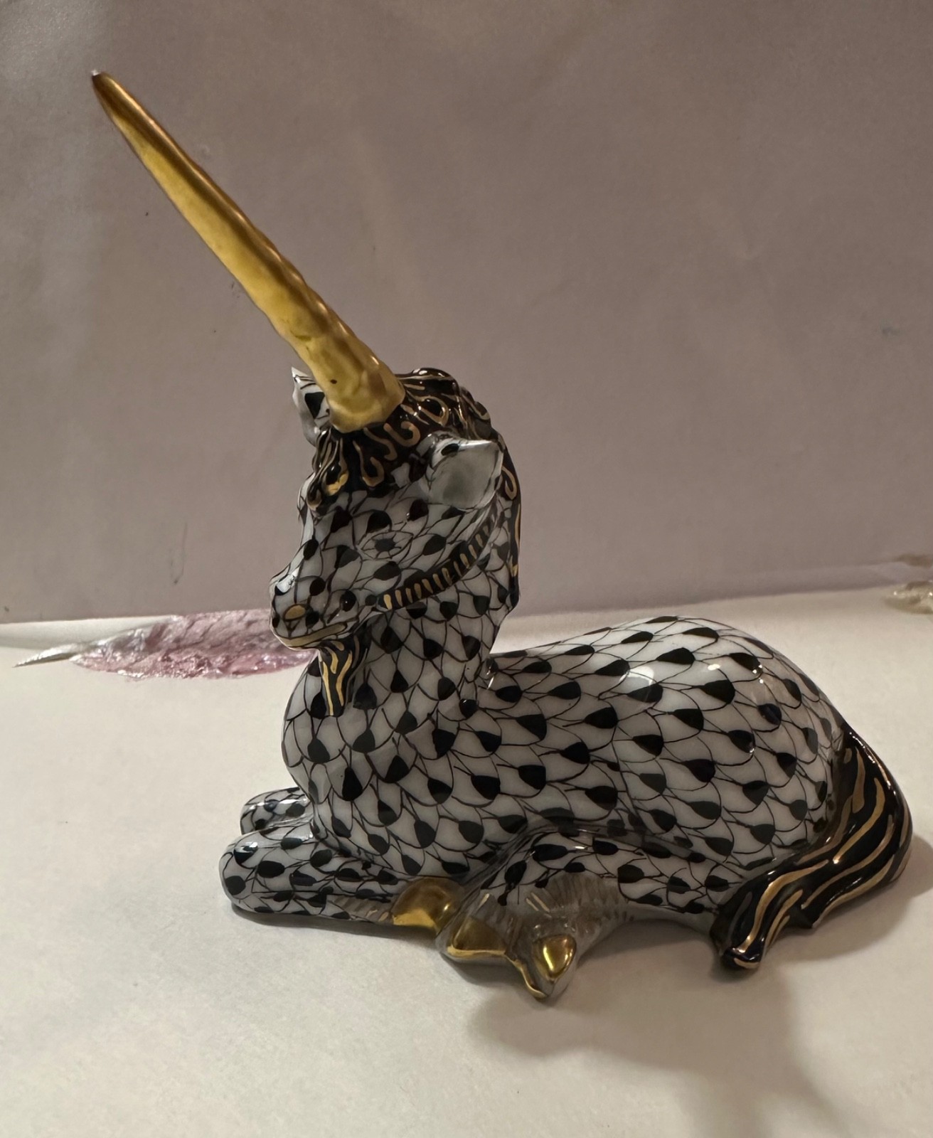 Herend Hungary Porcelain Fishnet Unicorn Figurine ~rare-Black & Gold chipped ear