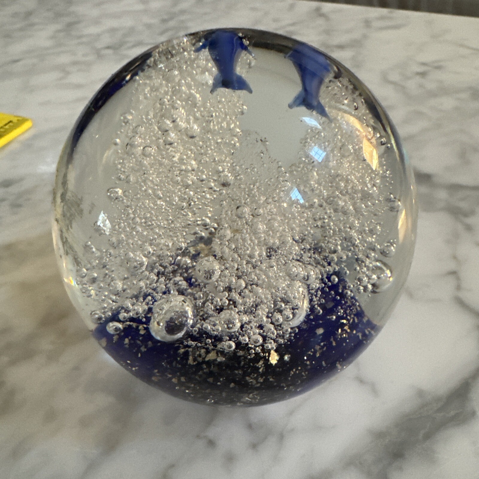 Hand Blown Art Glass Paperweight 2 Dolphin’s Ocean Water Bubbles Mica Blue Sea