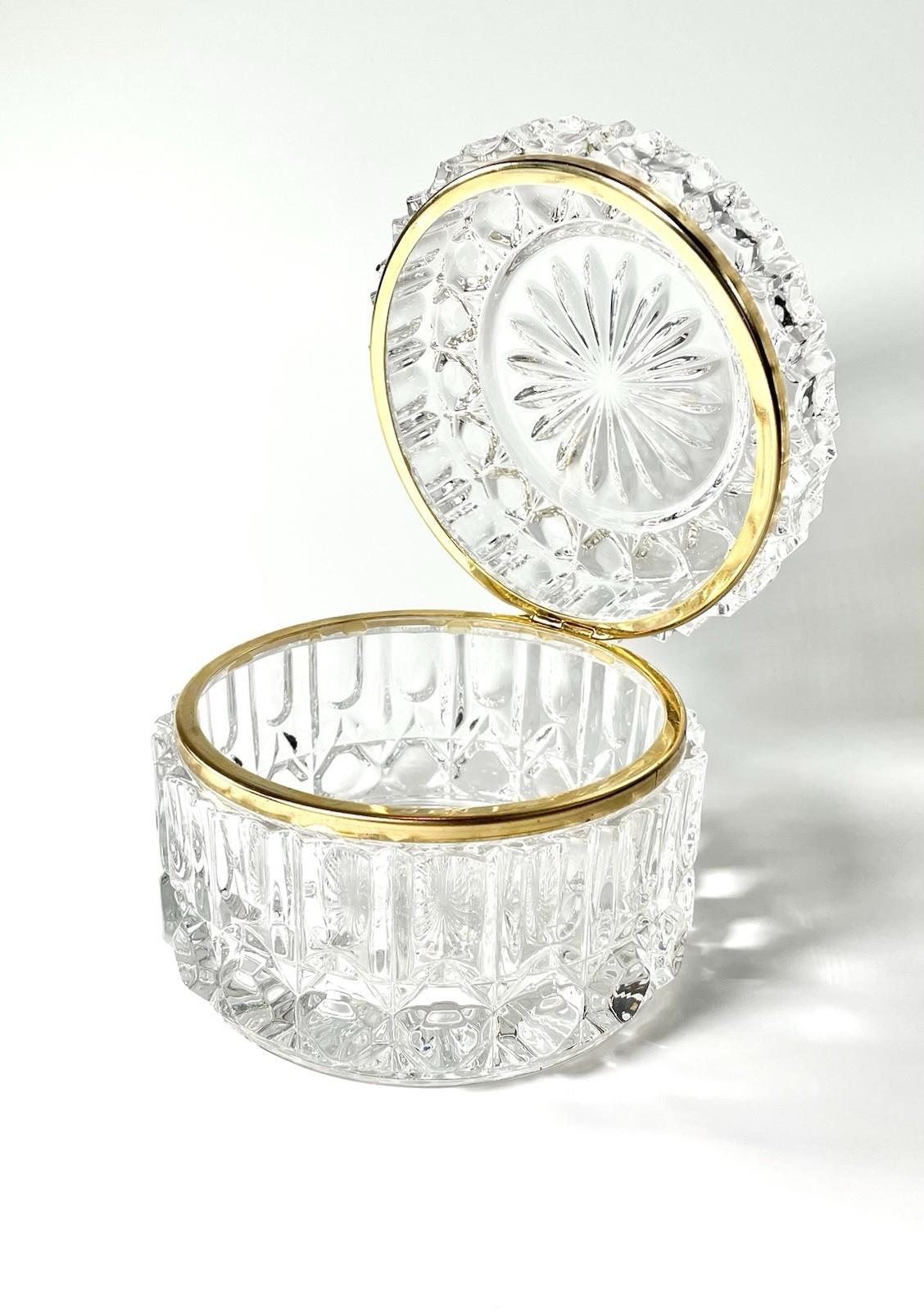 Vintage Crystal Jewelry Box – Round Decorative Hinged Box With Gold Trim