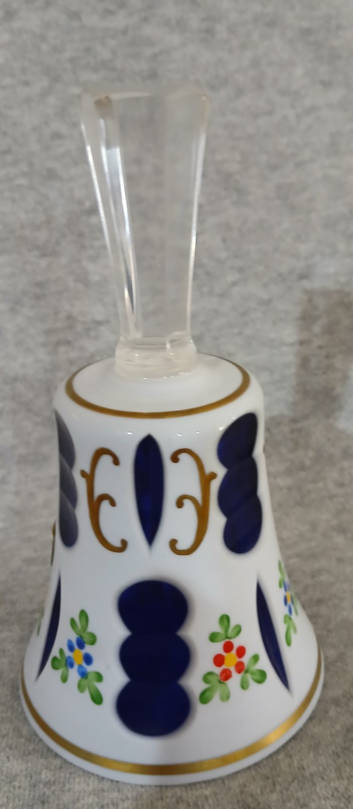 Bohemia Crystal White Cut To Cobalt Blue Bell Hand Painted Flowers Czecholovakia