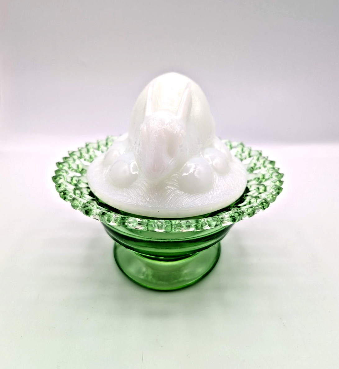 Rare Fenton Covered Bunny Rabbit on a Basket Milk Glass Top Green Glass Bottom