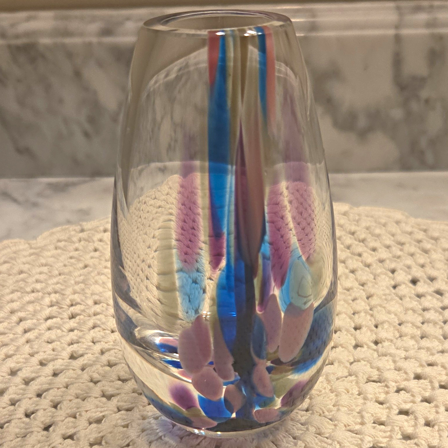 Murano? Clear Blue Purple Swirl Art Glass Decorative Vase 5.5 in Tall