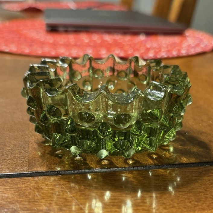 Mid-Century Green Pressed Glass Round Decorative Cigarette Ashtray 3in Dia x 2in