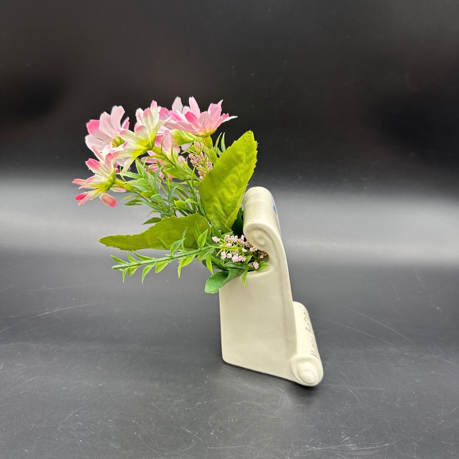 Vintage Happy Birthday Gift Wall Pocket Vase Flowers 1950s Ceramic Kitsch Decor