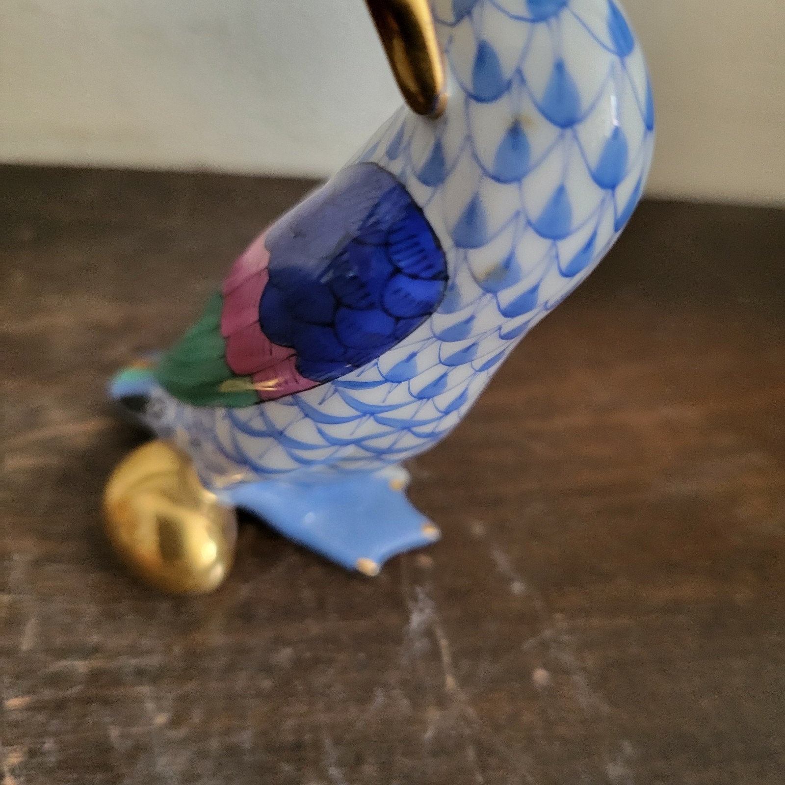 Vintage Herend Hungary Porcelain Fishnet Figurine Goose With Golden Egg Blue