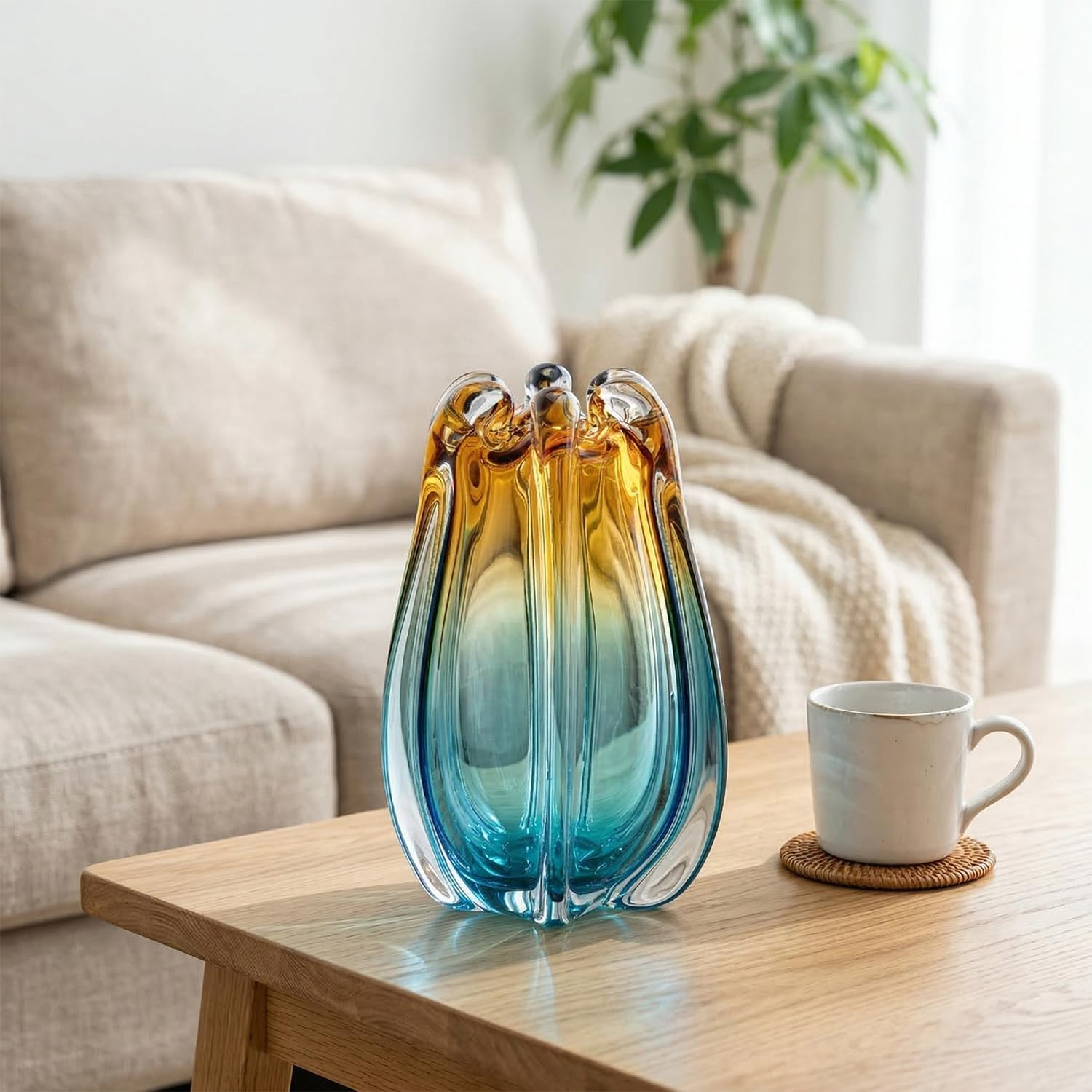 Hand Blown Glass Vase for Flowers, 9.45″ Unique Murano Style Art Glass Vase, Flu
