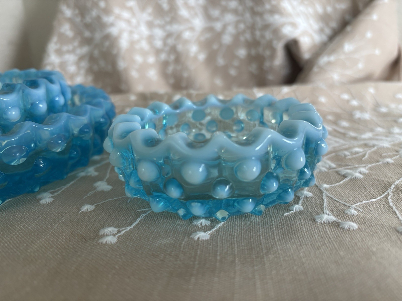 (3) Fenton Turquoise Blue Glass Opalescent Hobnail Nesting Stacking Ashtrays