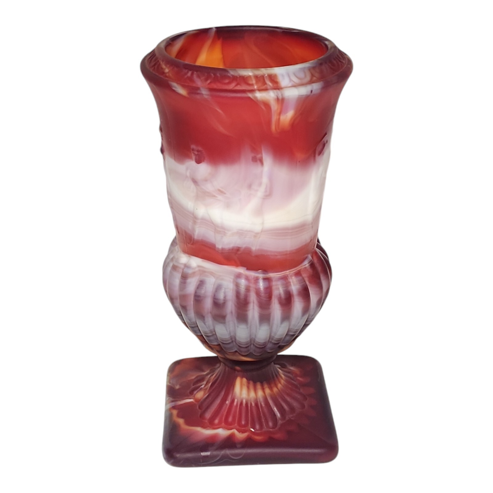 Vintage Ruby Red Slag Glass Dancing Nudes Vase Urn Unmarked Imperial Glass? 8.75